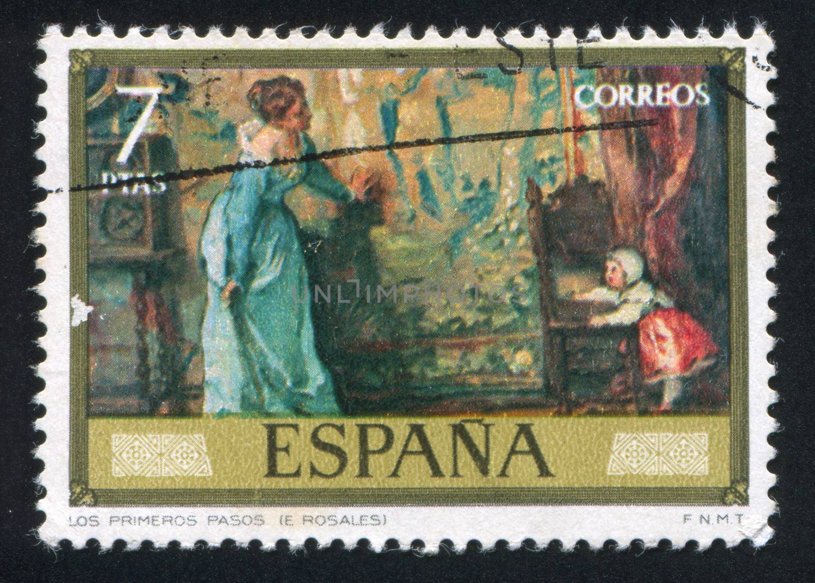 SPAIN - CIRCA 1974: stamp printed by Spain, shows The first steps (Eduardo Rosales), circa 1974