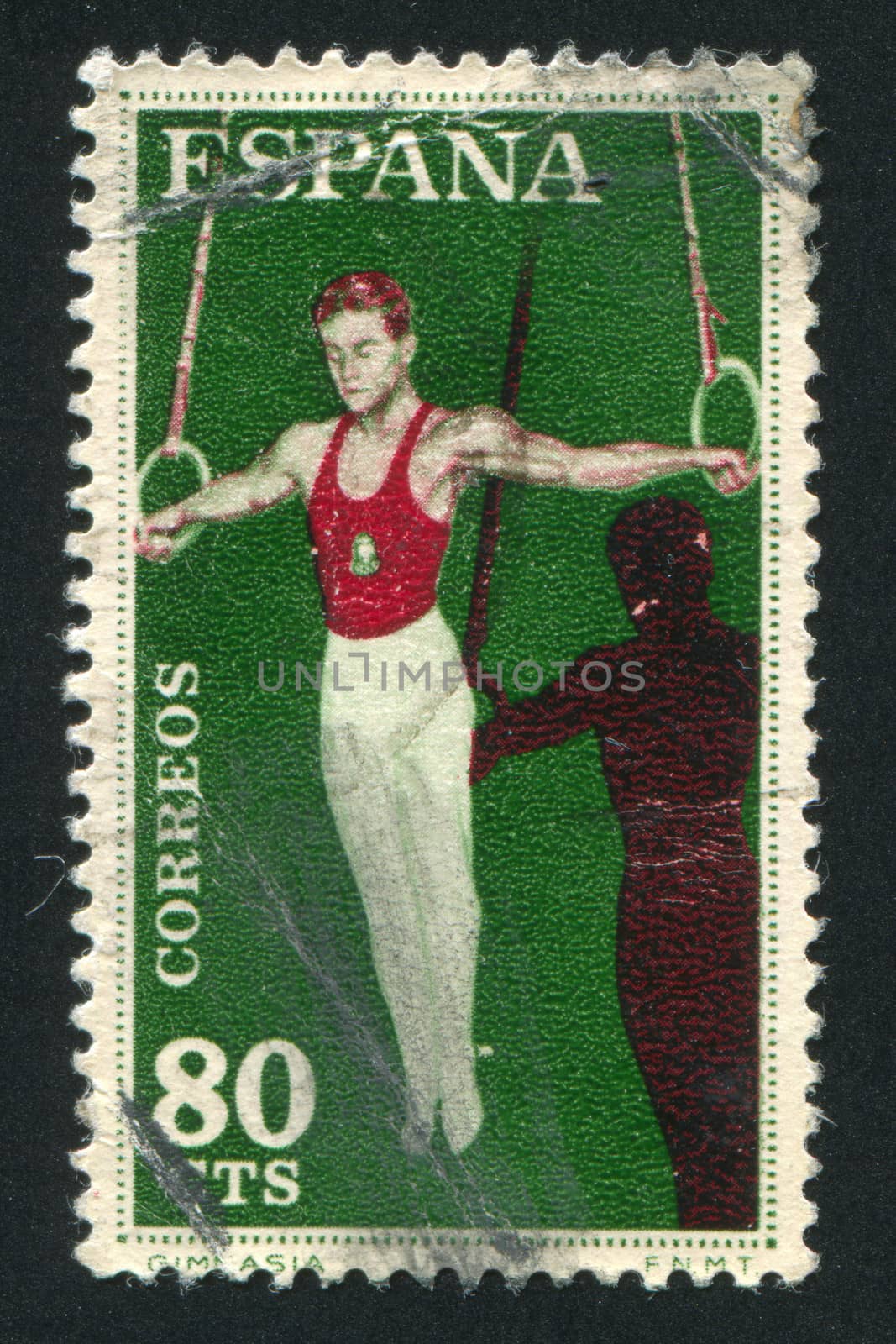 SPAIN - CIRCA 1960: stamp printed by Spain, shows Athlete with rings, circa 1960