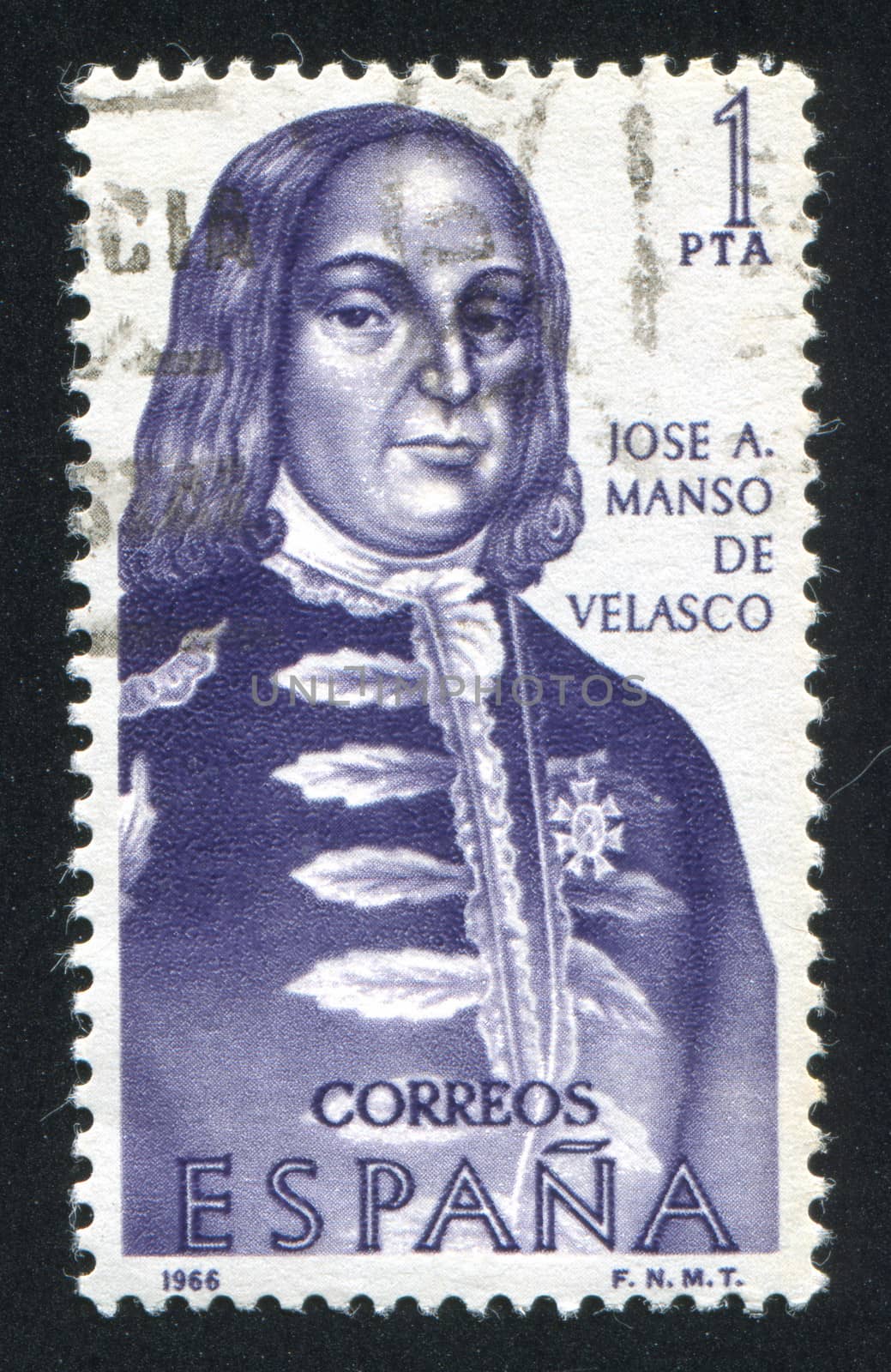 SPAIN - CIRCA 1966: stamp printed by Spain, shows Portrait of Jose A.Manso de Velasco, circa 1966