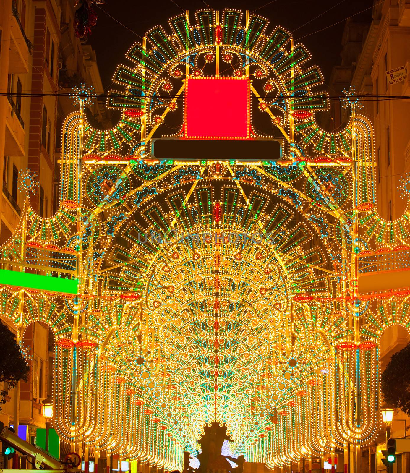 Beautiful night lights in Fallas fest of Valencia in calle Sueca street Spain