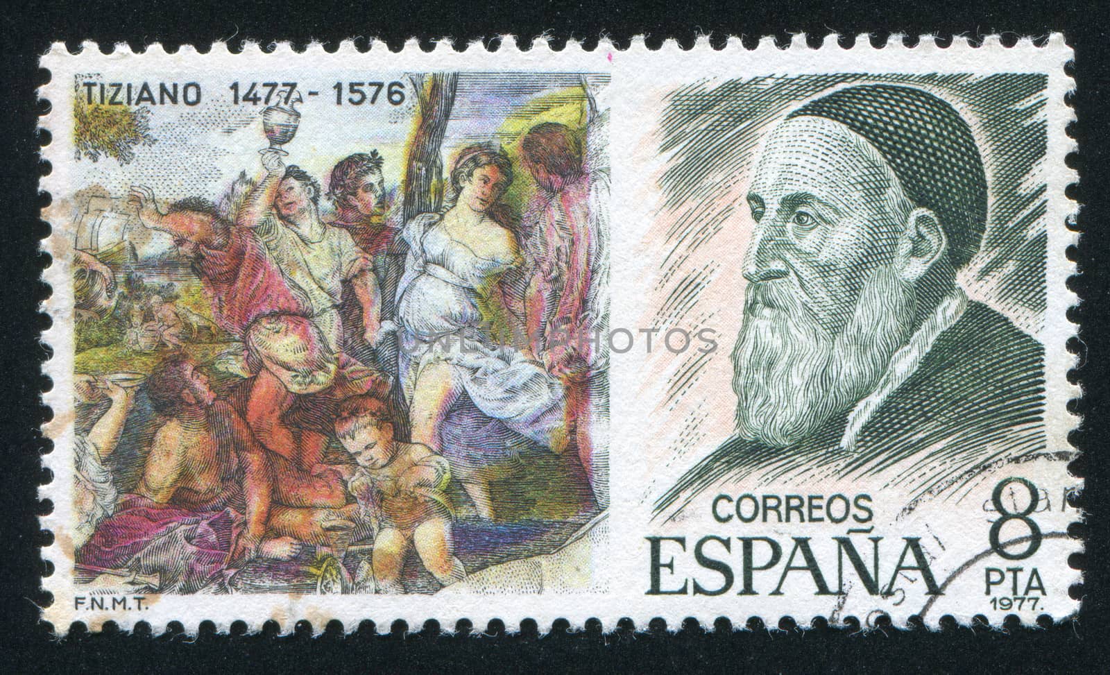 SPAIN - CIRCA 1977: stamp printed by Spain, shows Painting of Judgment and Titian portrait, circa 1977