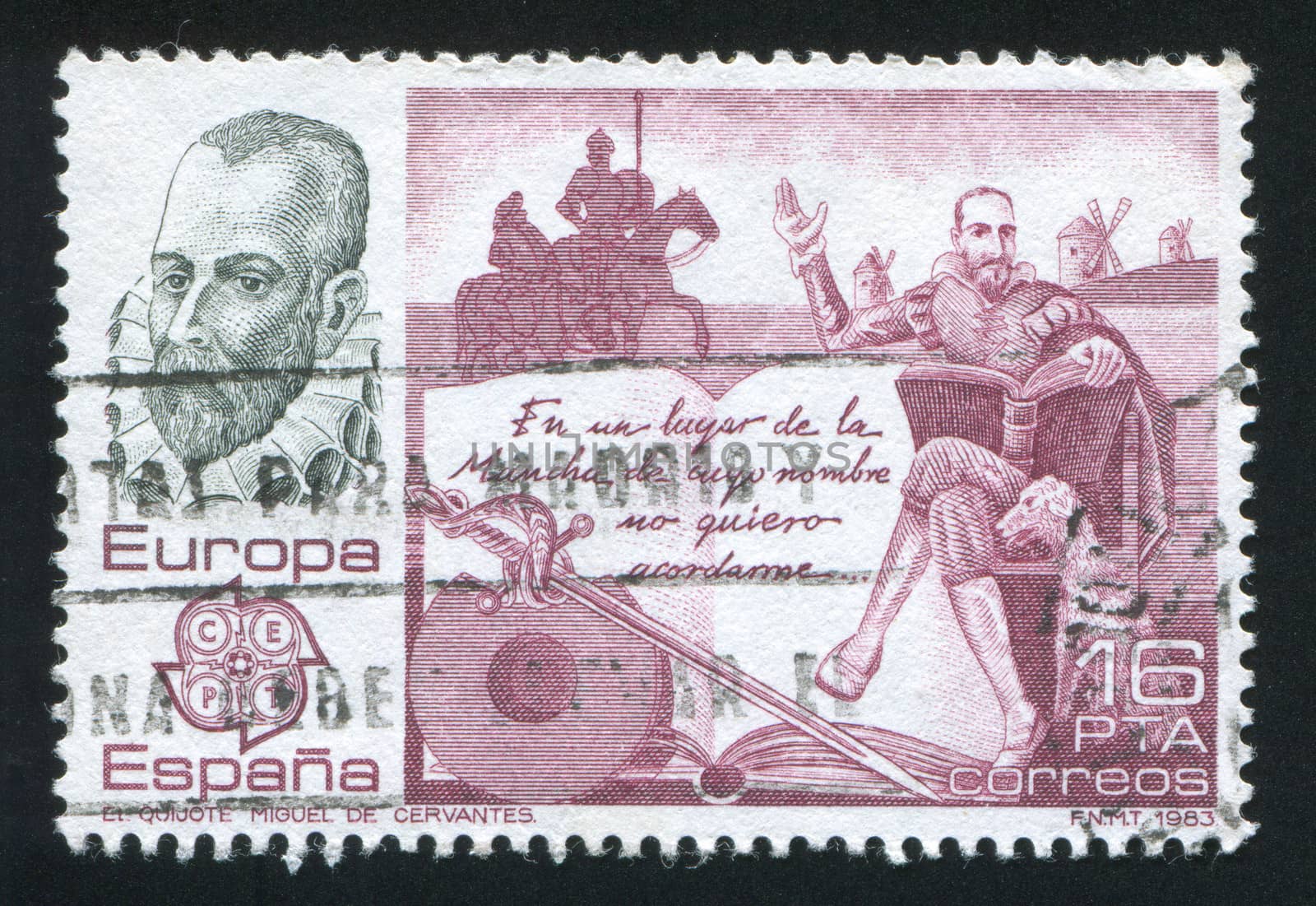 SPAIN - CIRCA 1983: stamp printed by Spain, shows Scene from Don Quixote by Miguel Servantes, circa 1983