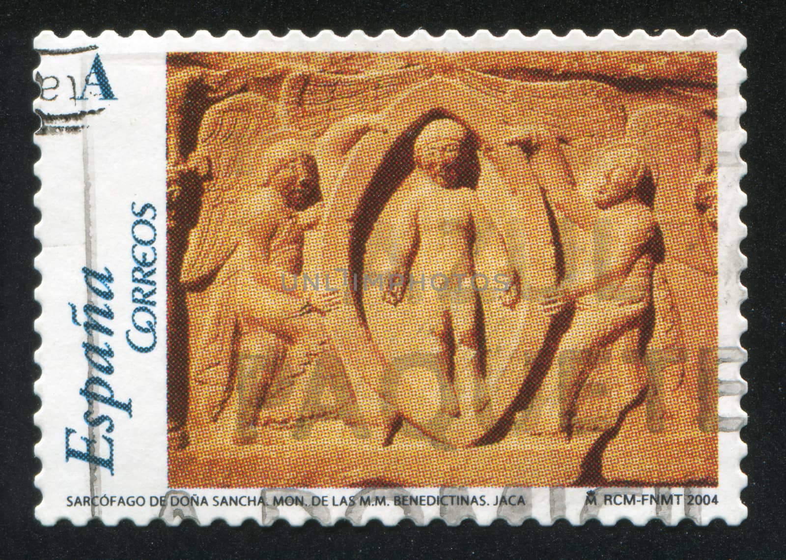 SPAIN - CIRCA 2004: stamp printed by Spain, shows Detail of Sarcophagus of Dona Sancha, Mon de Las, M.M. Benedictinas, Jaca, circa 2004