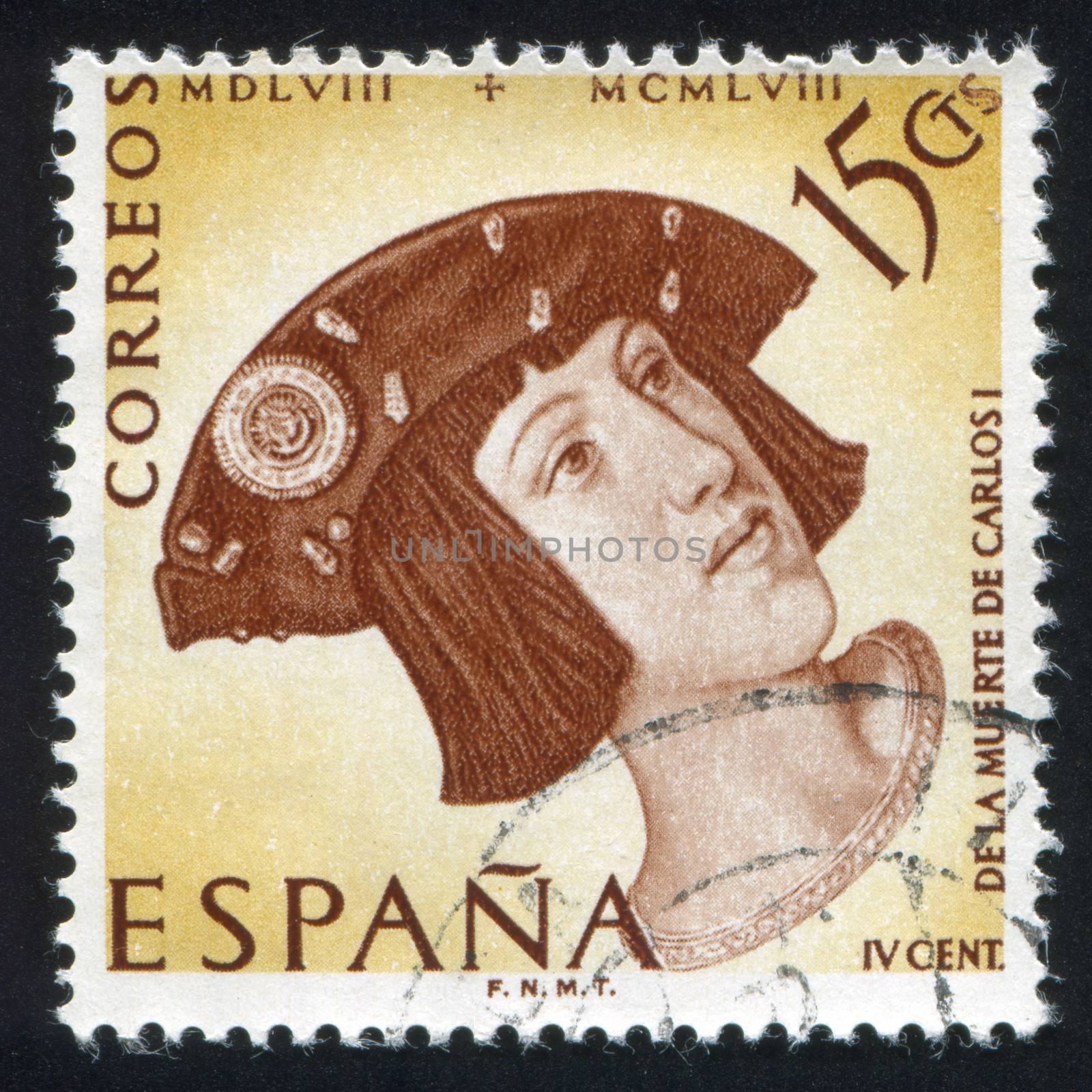 SPAIN - CIRCA 1958: stamp printed by Spain, shows Portrait of Charles V with beret, circa 1958