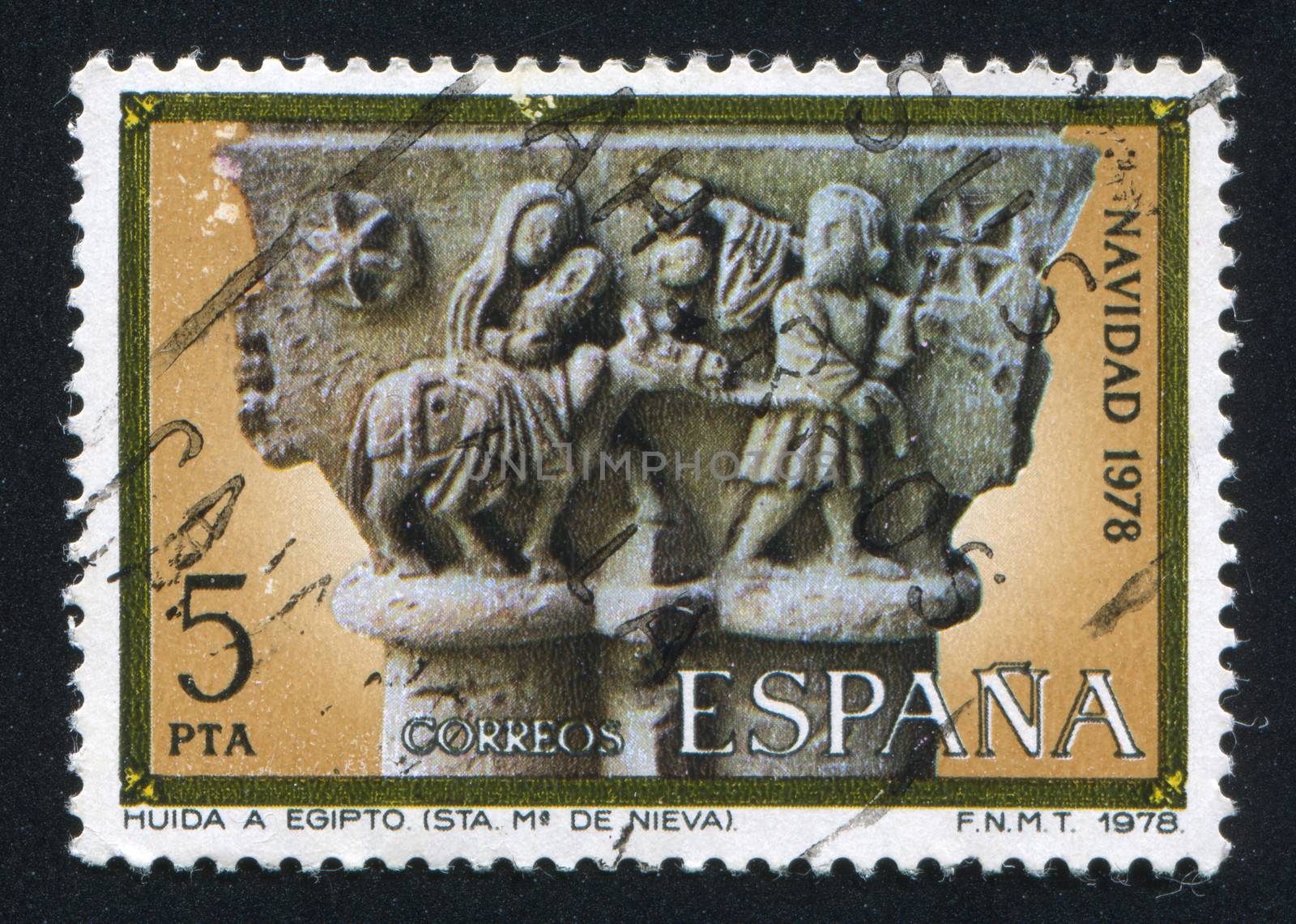 SPAIN - CIRCA 1978: stamp printed by Spain, shows Flight into Egypt, Capital from St. Mary de Nieva, circa 1978