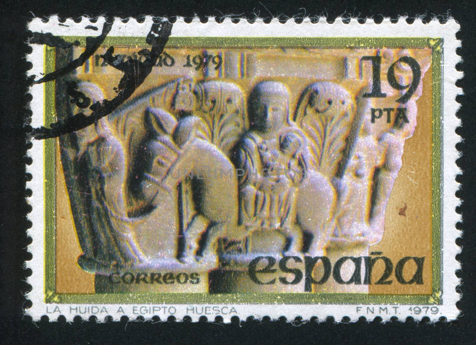 SPAIN - CIRCA 1979: stamp printed by Spain, shows Flight into Egypt, Column from St. Peter the Elder, Huesca, circa 1979