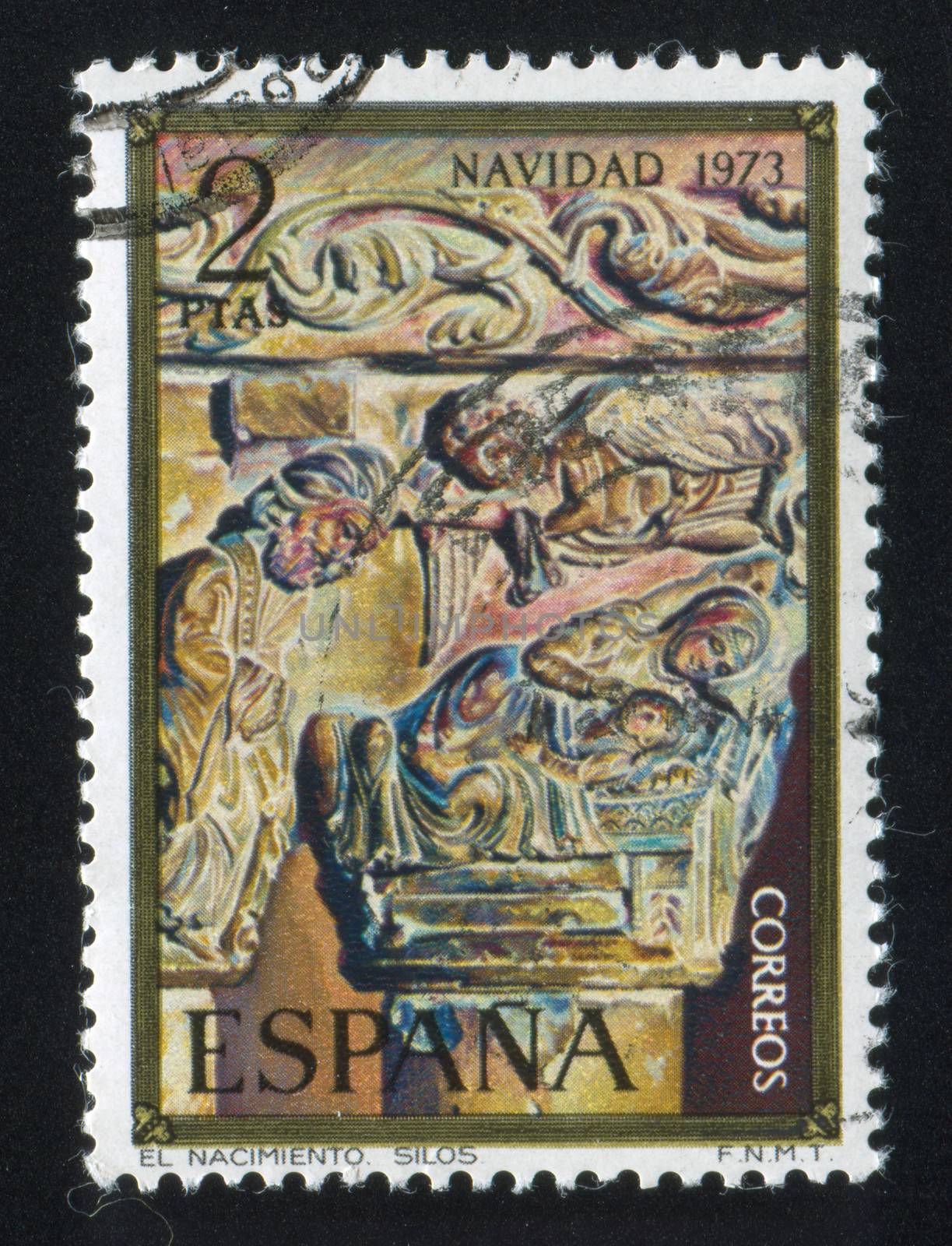 SPAIN - CIRCA 1973: stamp printed by Spain, shows Nativity, Column Capital, Silos Church, circa 1973