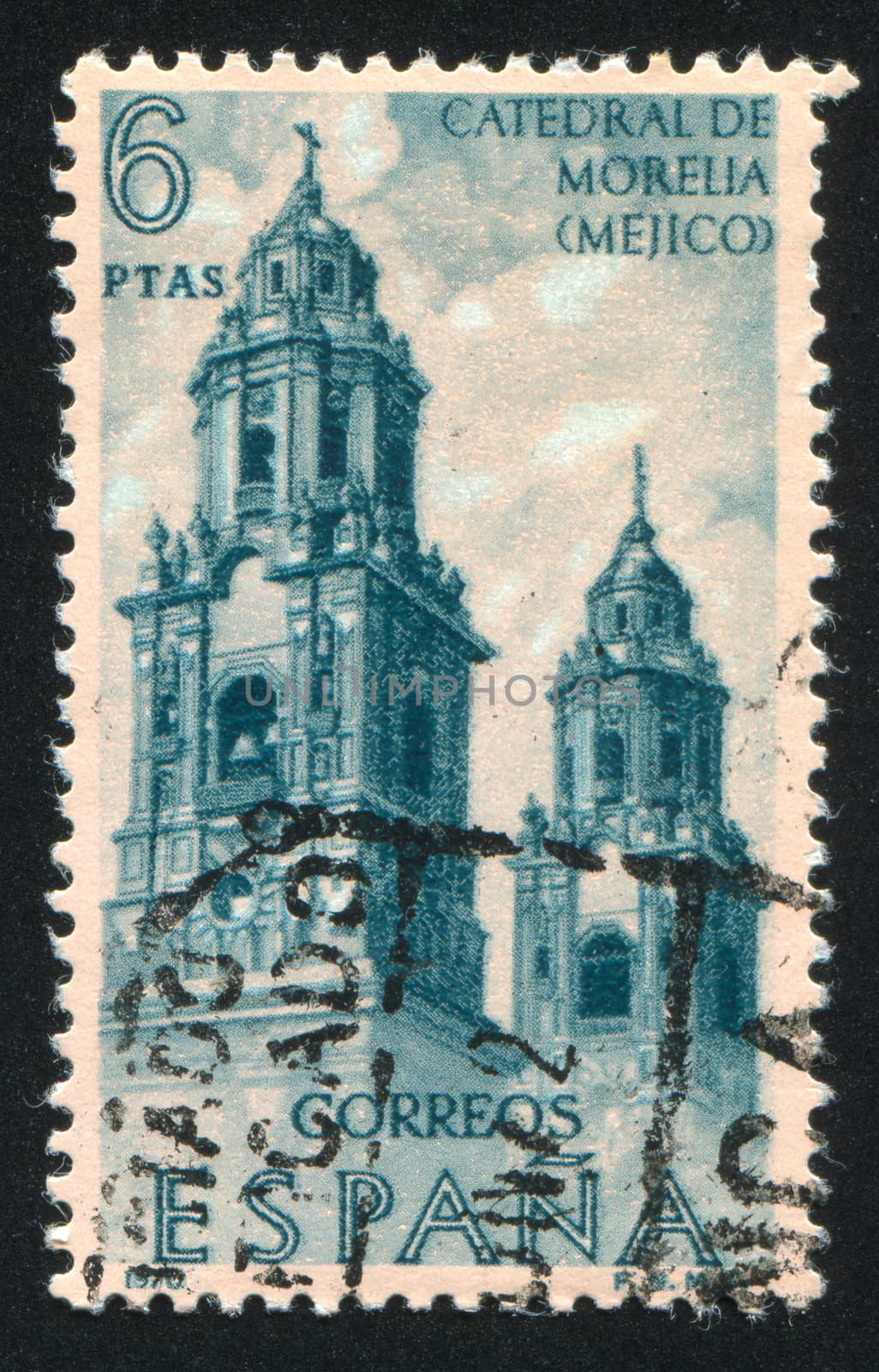 SPAIN - CIRCA 1970: stamp printed by Spain, shows Cathedral Towers, Morelia, Mexico, circa 1970