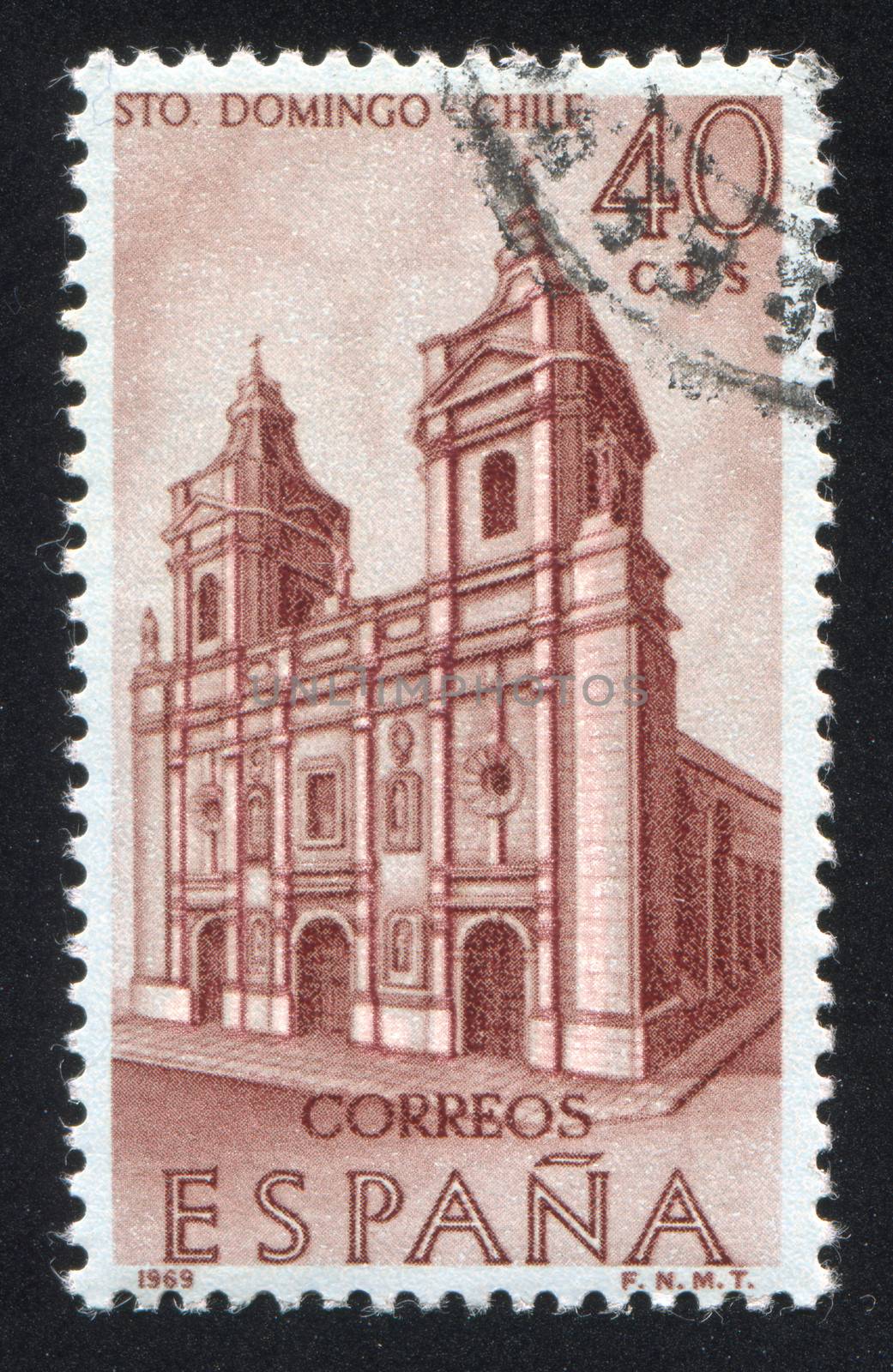 SPAIN - CIRCA 1969: stamp printed by Spain, shows Santo Domingo Church, Santiago, Chile, circa 1969