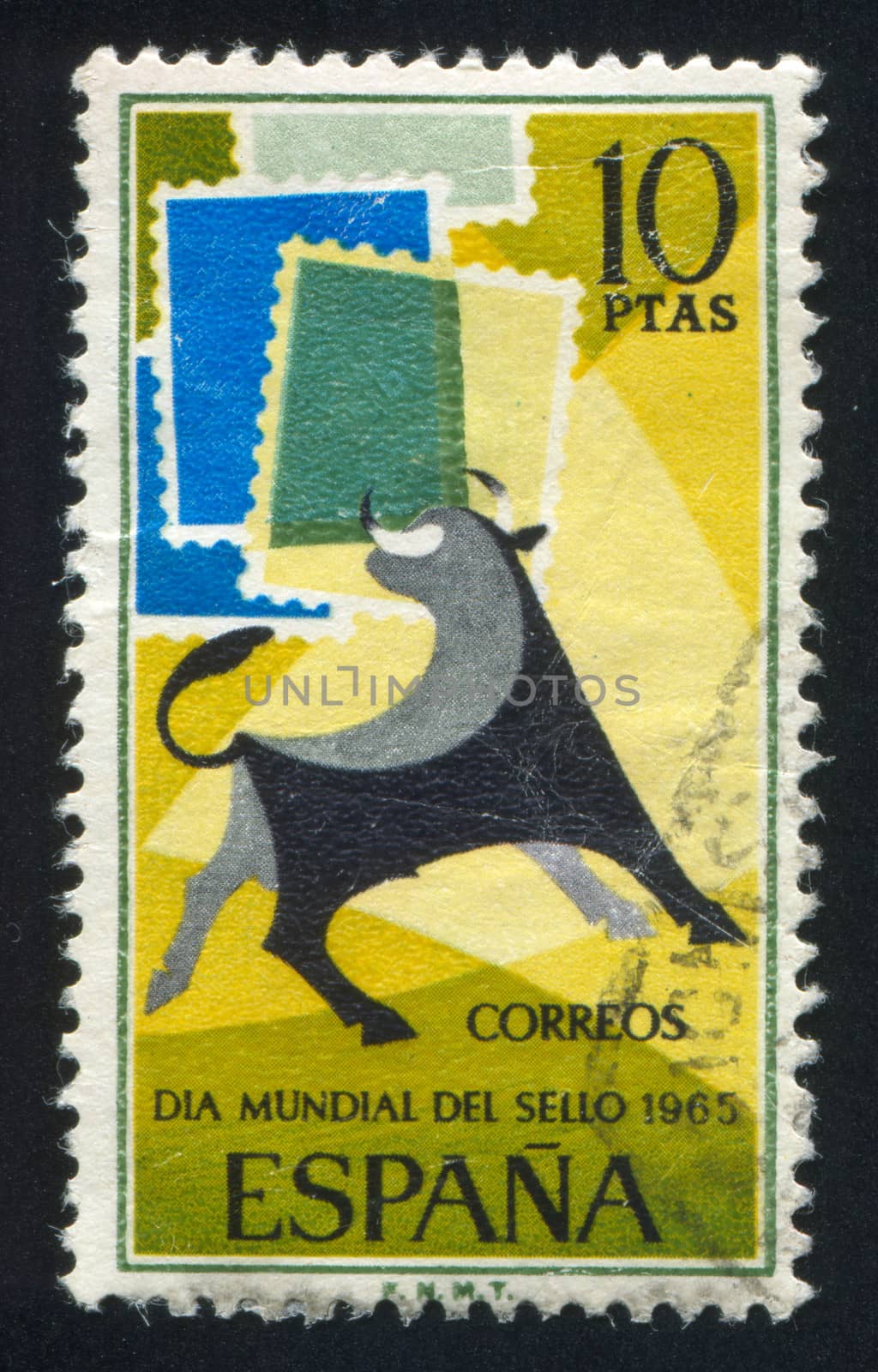 SPAIN - CIRCA 1965: stamp printed by Spain, shows Bull and Symbolic Stamps, circa 1965