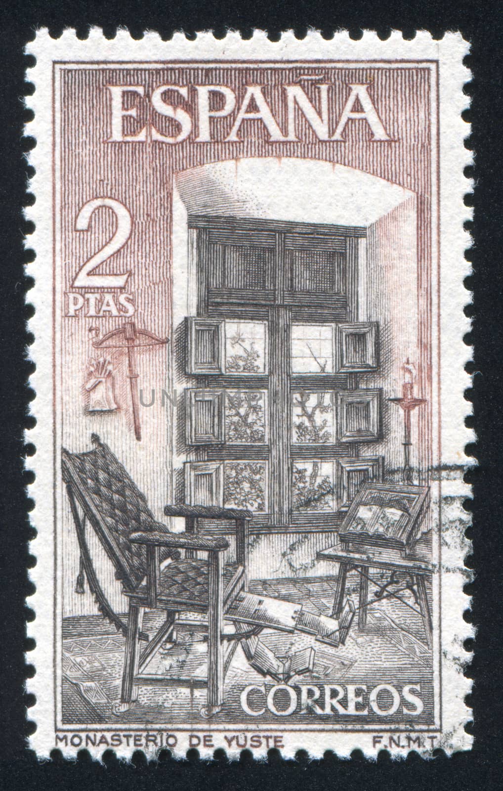 SPAIN - CIRCA 1965: stamp printed by Spain, shows Chamber of Charles V, Yuste Monastery, circa 1965