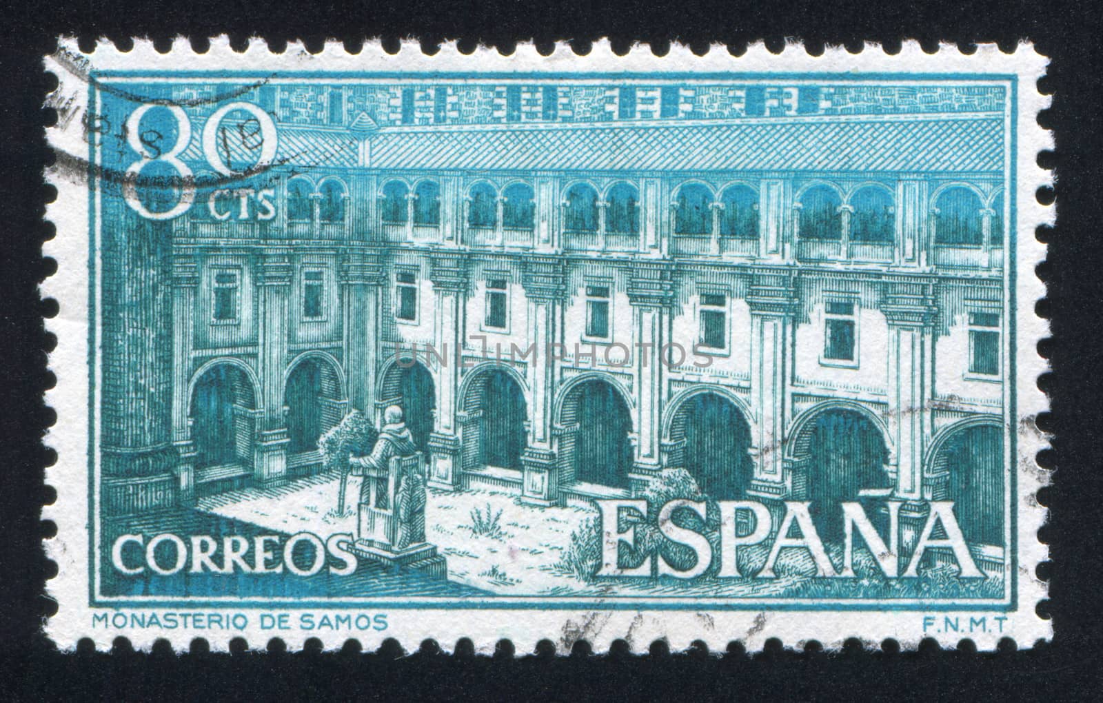 SPAIN - CIRCA 1960: stamp printed by Spain, shows Courtyard of Samos Monastery, circa 1960
