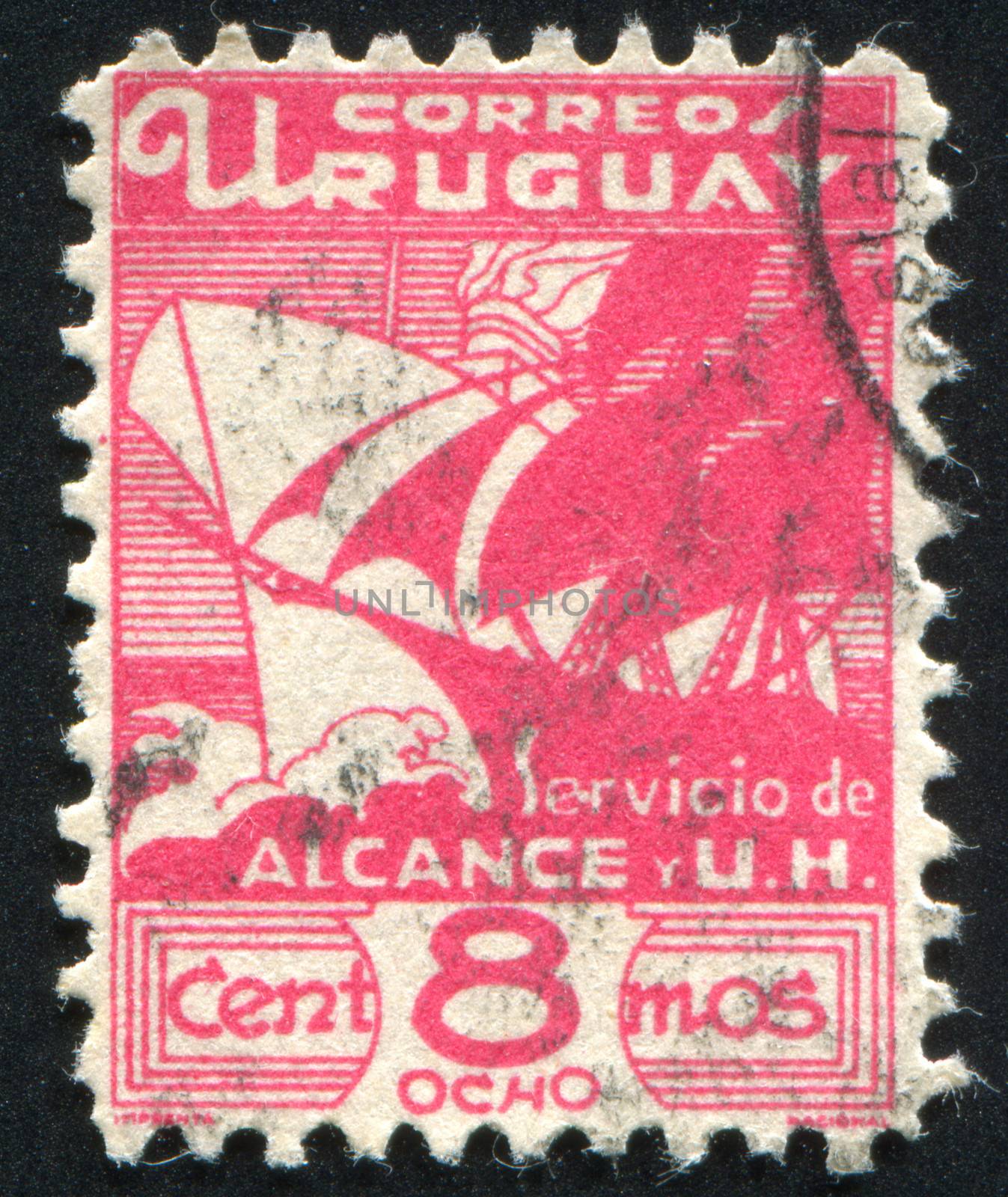 URUGUAY - CIRCA 1936: stamp printed by Uruguay, shows Galleon and Modern Steamship, circa 1936
