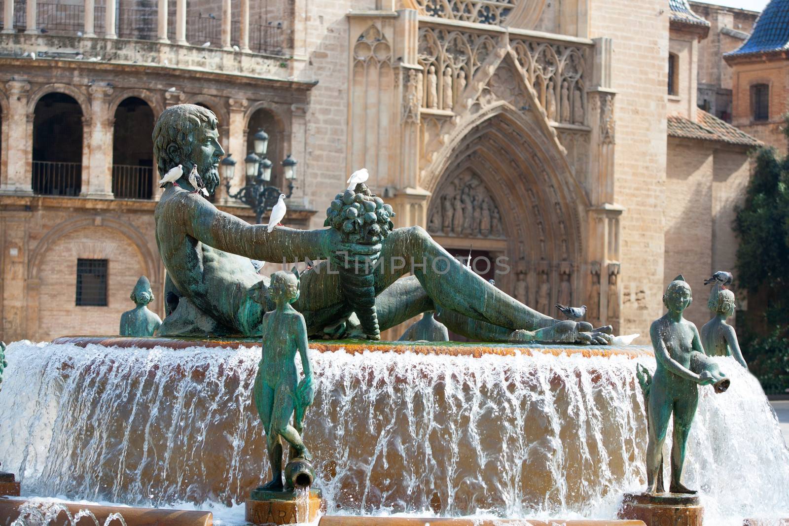 Valencia Plaza de la virgen square with Neptuno fountain and Cathedral at Spain