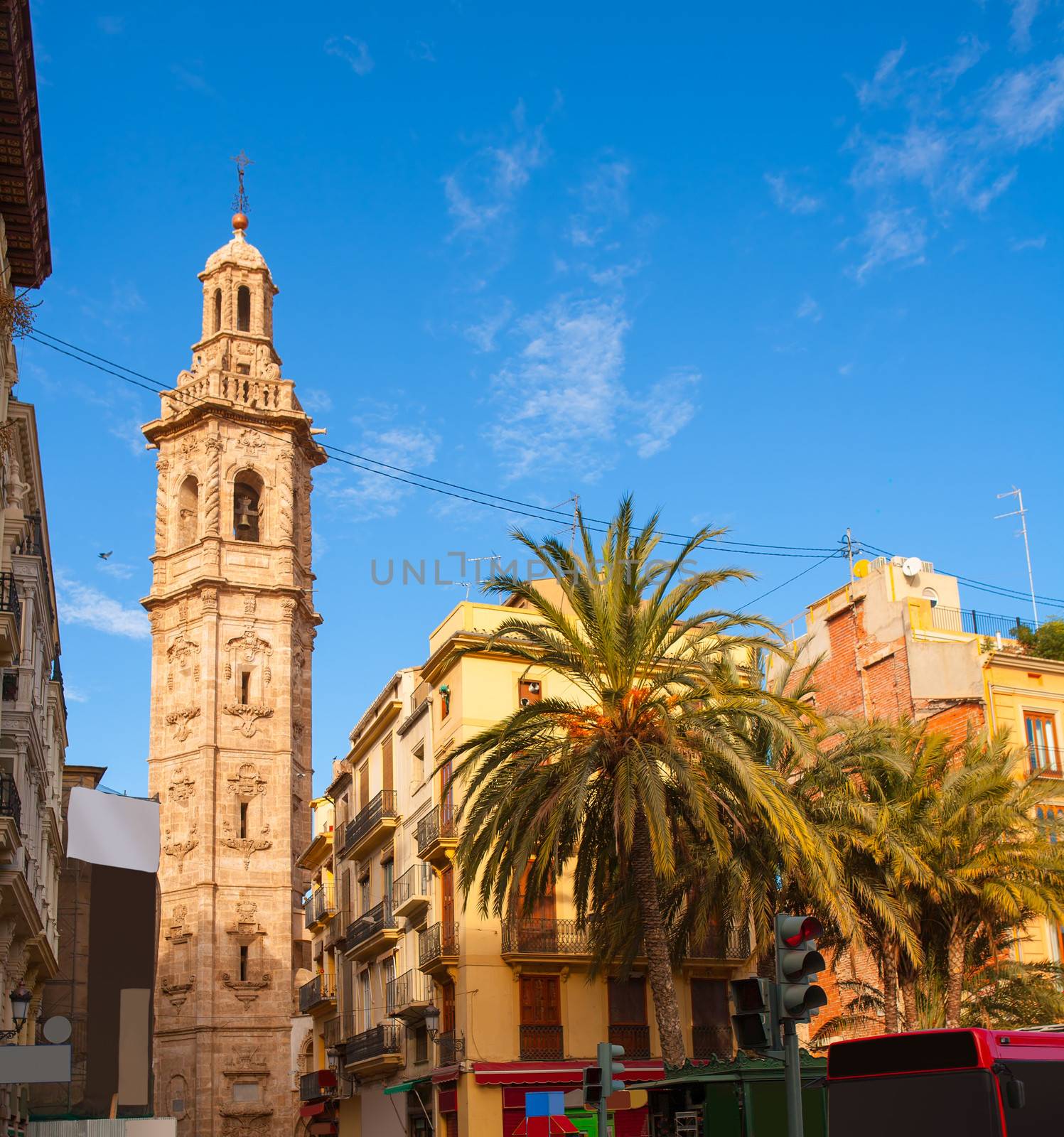 Valencia Plaza de la Reina with Santa Catalina church tower at Spain