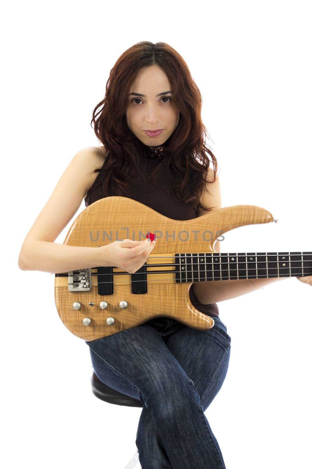 Young woman playing a bass guitar (Series with the same model available)