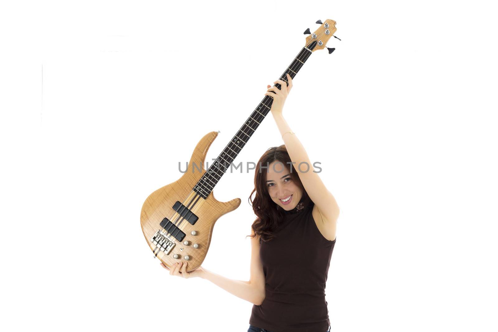 Woman smiling and lifting her bass guitar (Series with the same model available)