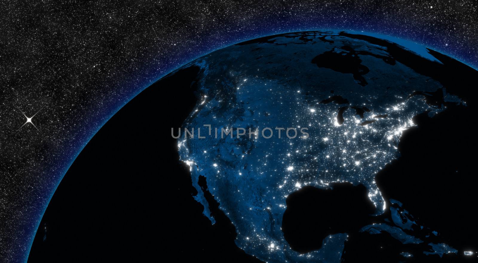 Night in North America with city lights viewed from space. Elements of this image furnished by NASA.