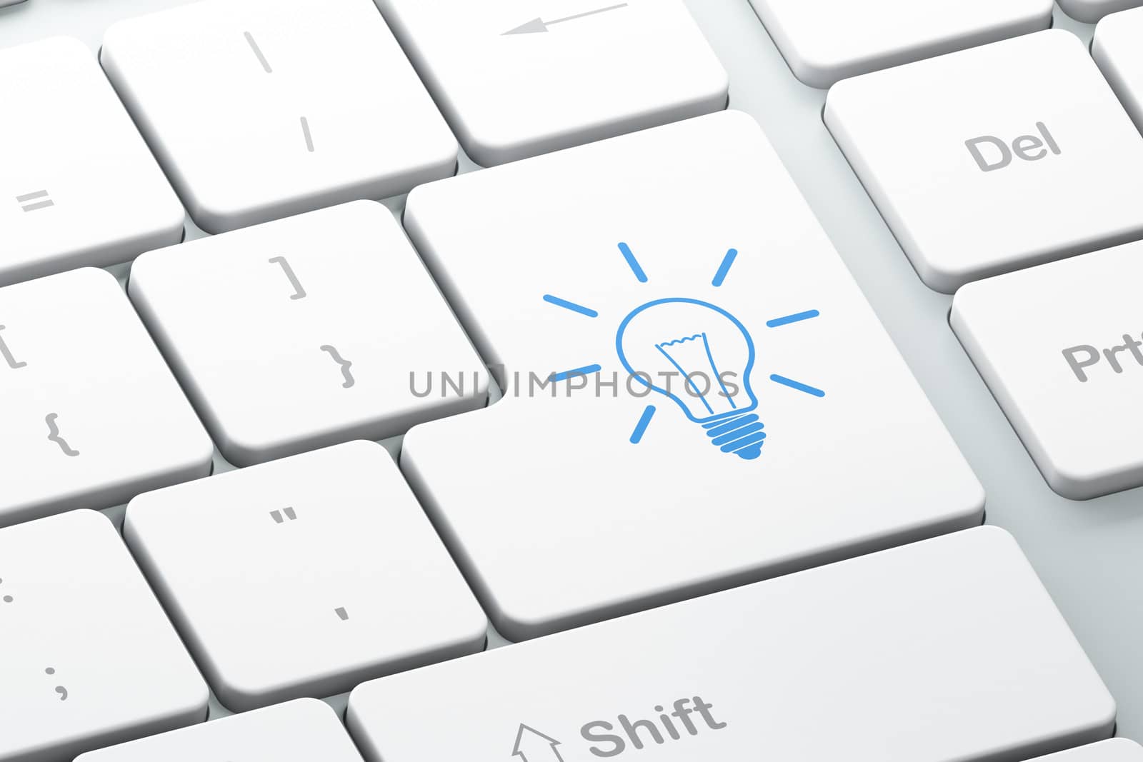 Business concept: Enter button with Light Bulb on computer keyboard background, 3d render