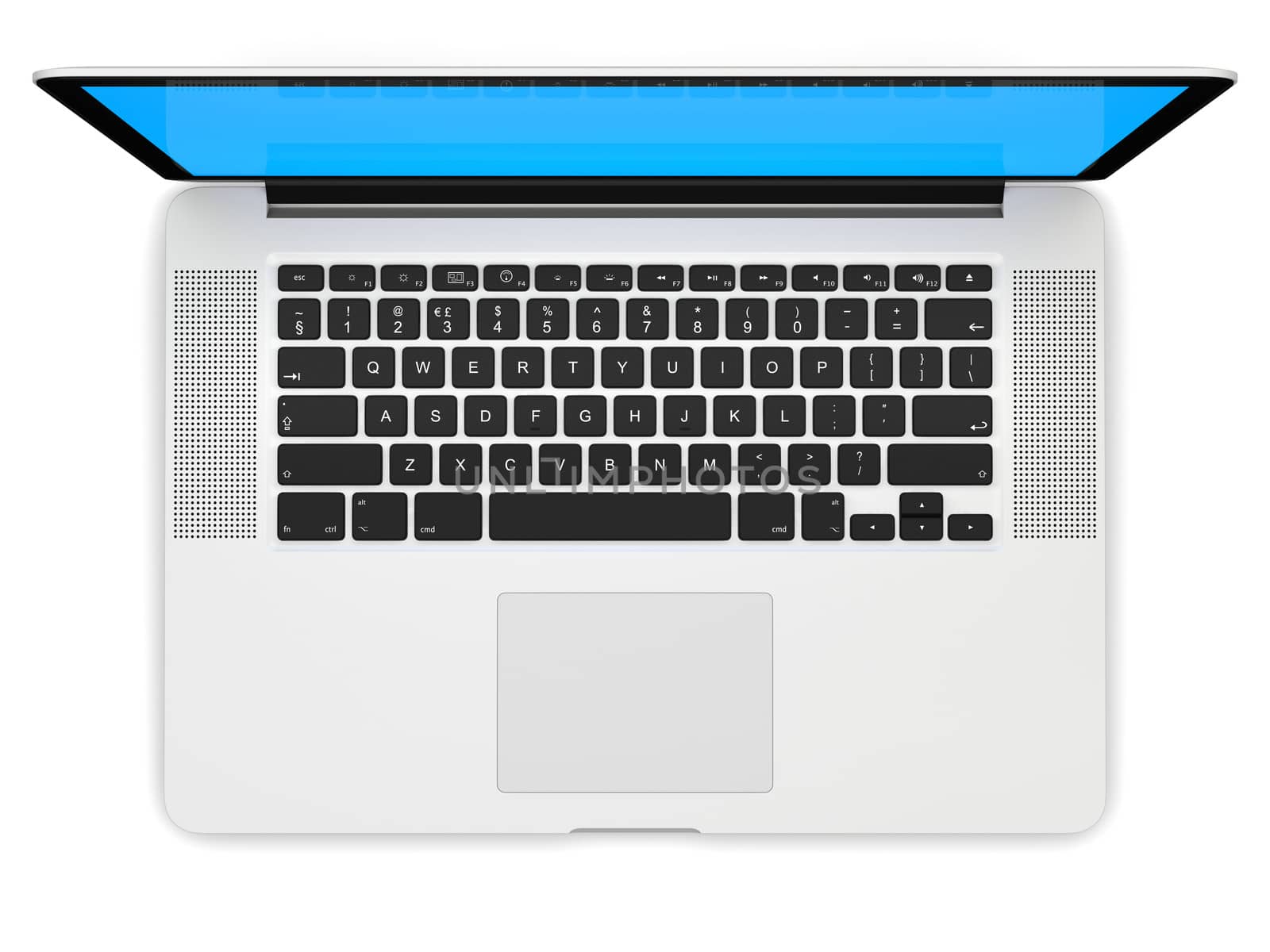 Laptop computer blank white screen isolated on white background viewed from top