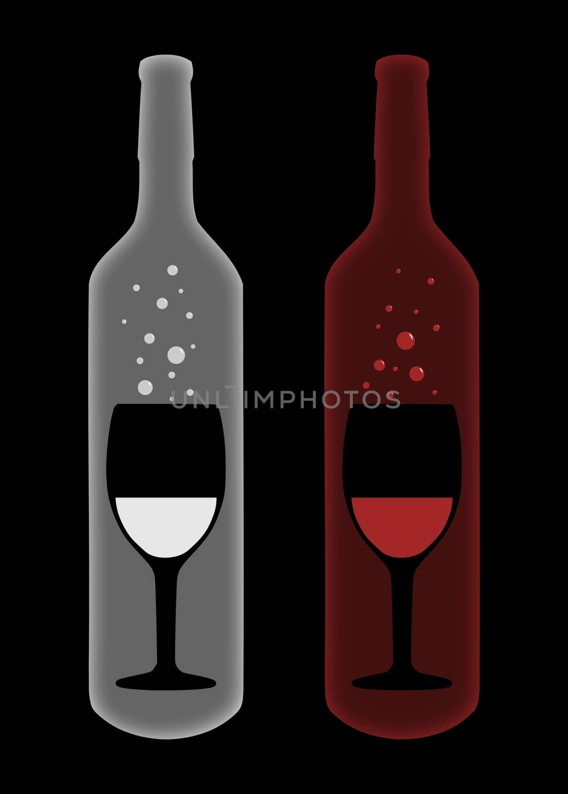 Illustration of bubbling wine glasses inside a bottle of red and white wine