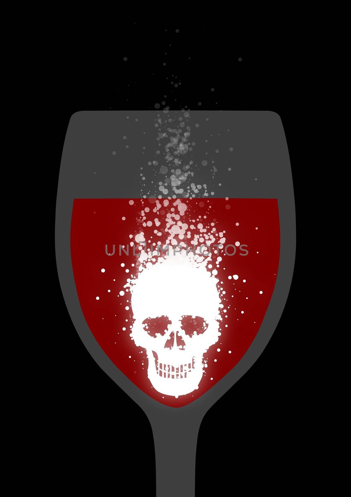 Illustration of a fizzing skull shaped tablet dissolving in red liquid