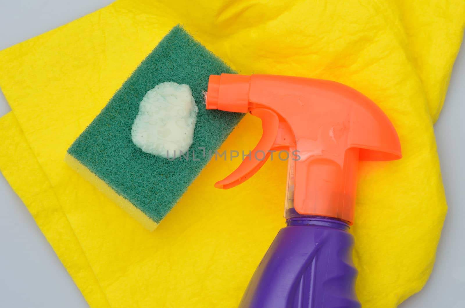 cleaning bottle and fluid  with sponge and cloth