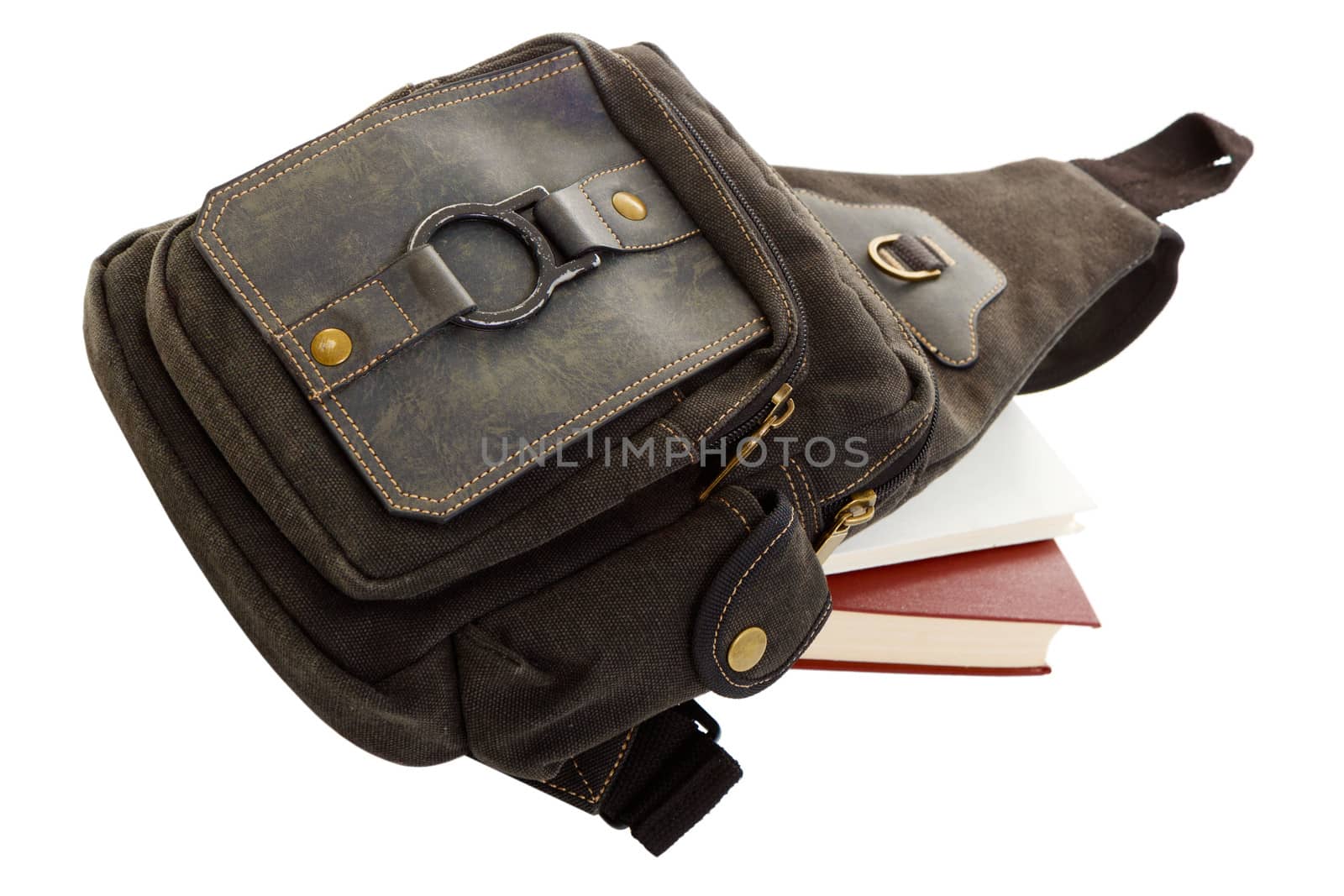 backpack and books on white background. isolated