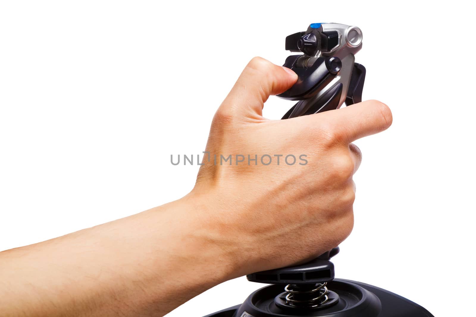 hand joystick control flight simulator on a white background