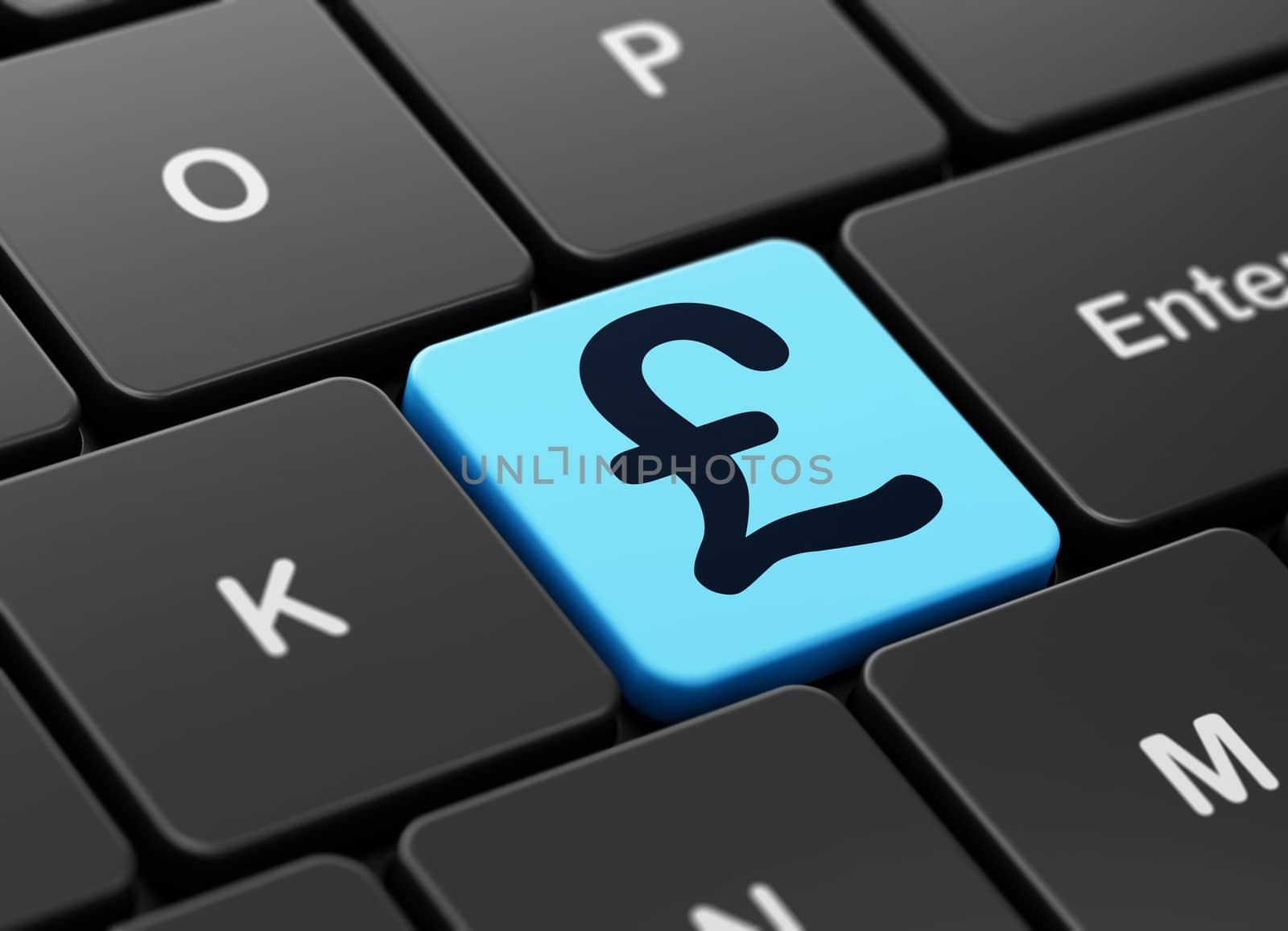 Currency concept: computer keyboard with Pound icon on enter button background, 3d render