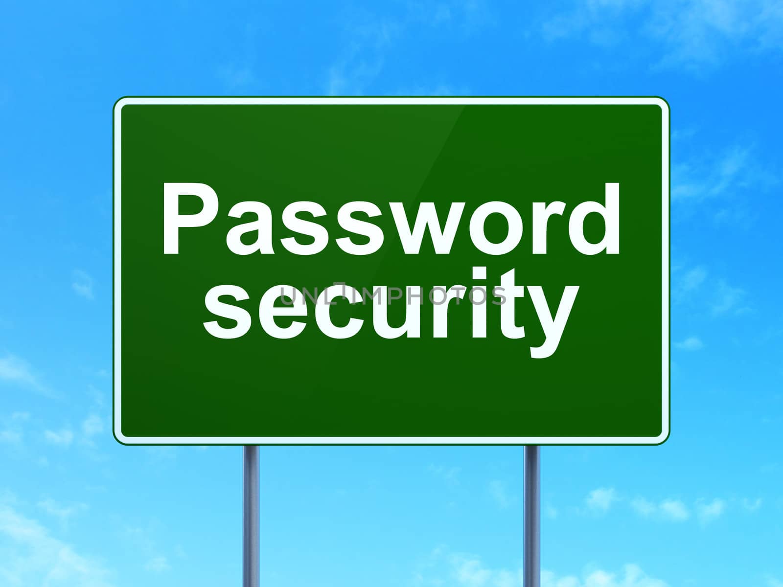 Protection concept: Password Security on green road (highway) sign, clear blue sky background, 3d render