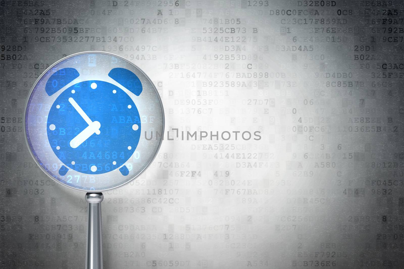 Timeline concept: magnifying optical glass with Alarm Clock icon on digital background, empty copyspace for card, text, advertising, 3d render