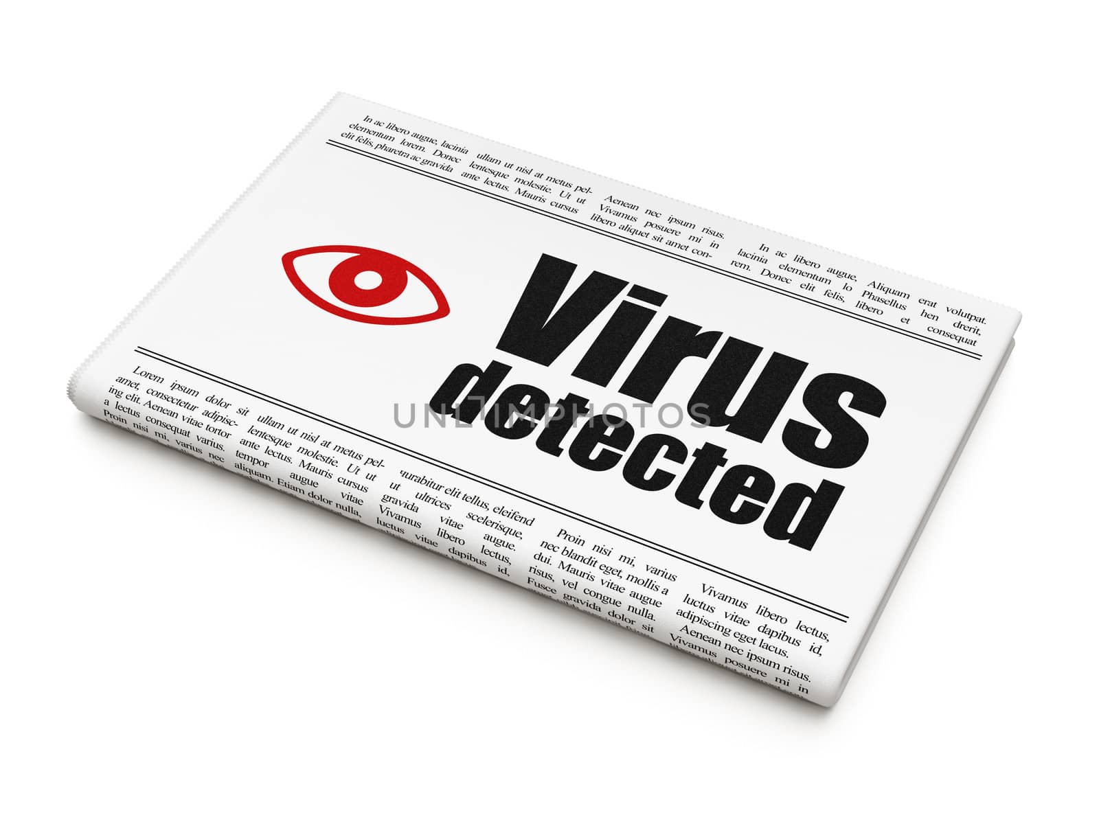 Security concept: newspaper headline Virus Detected and Eye icon on White background, 3d render