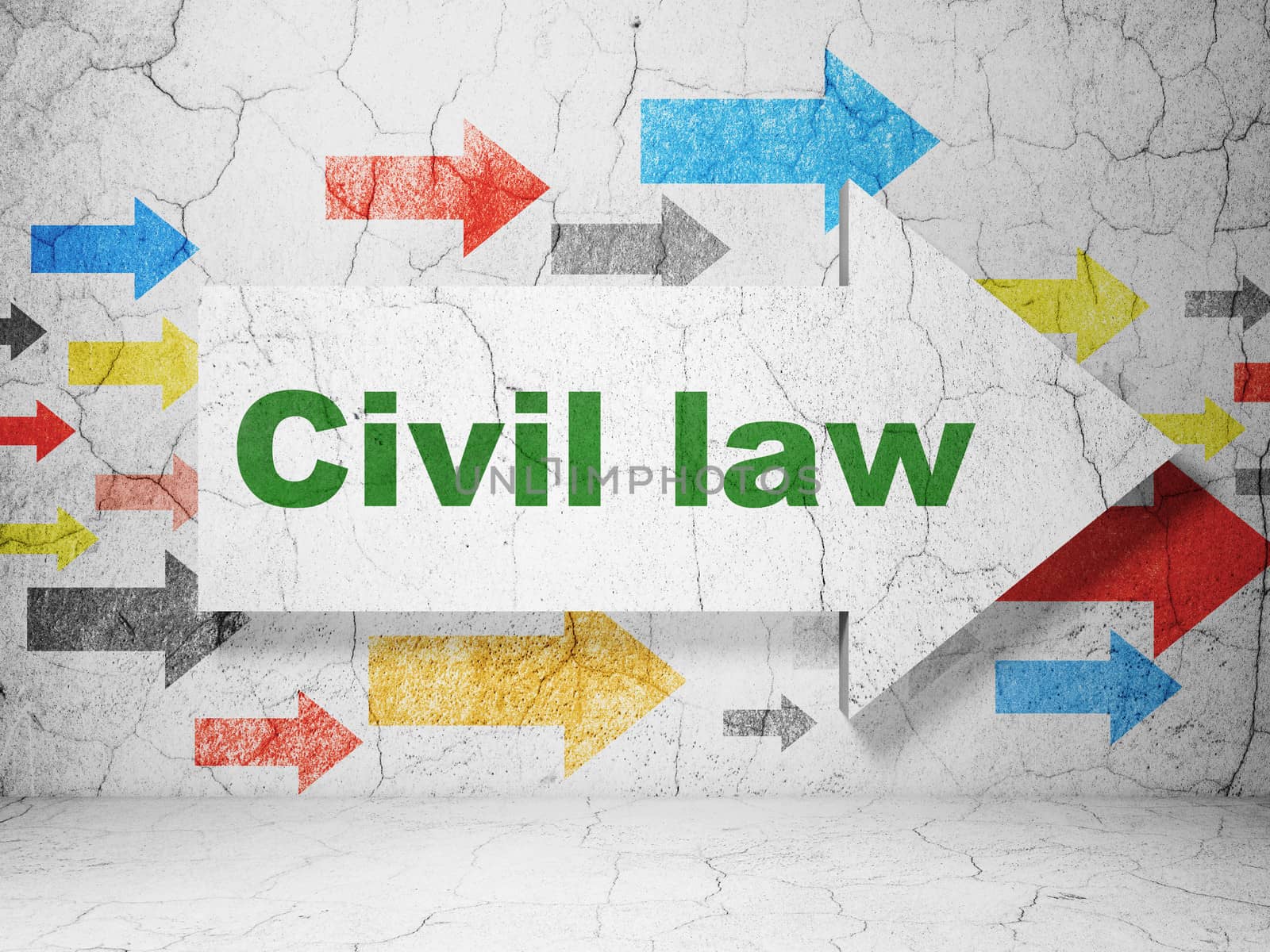 Law concept:  arrow with Civil Law on grunge textured concrete wall background, 3d render