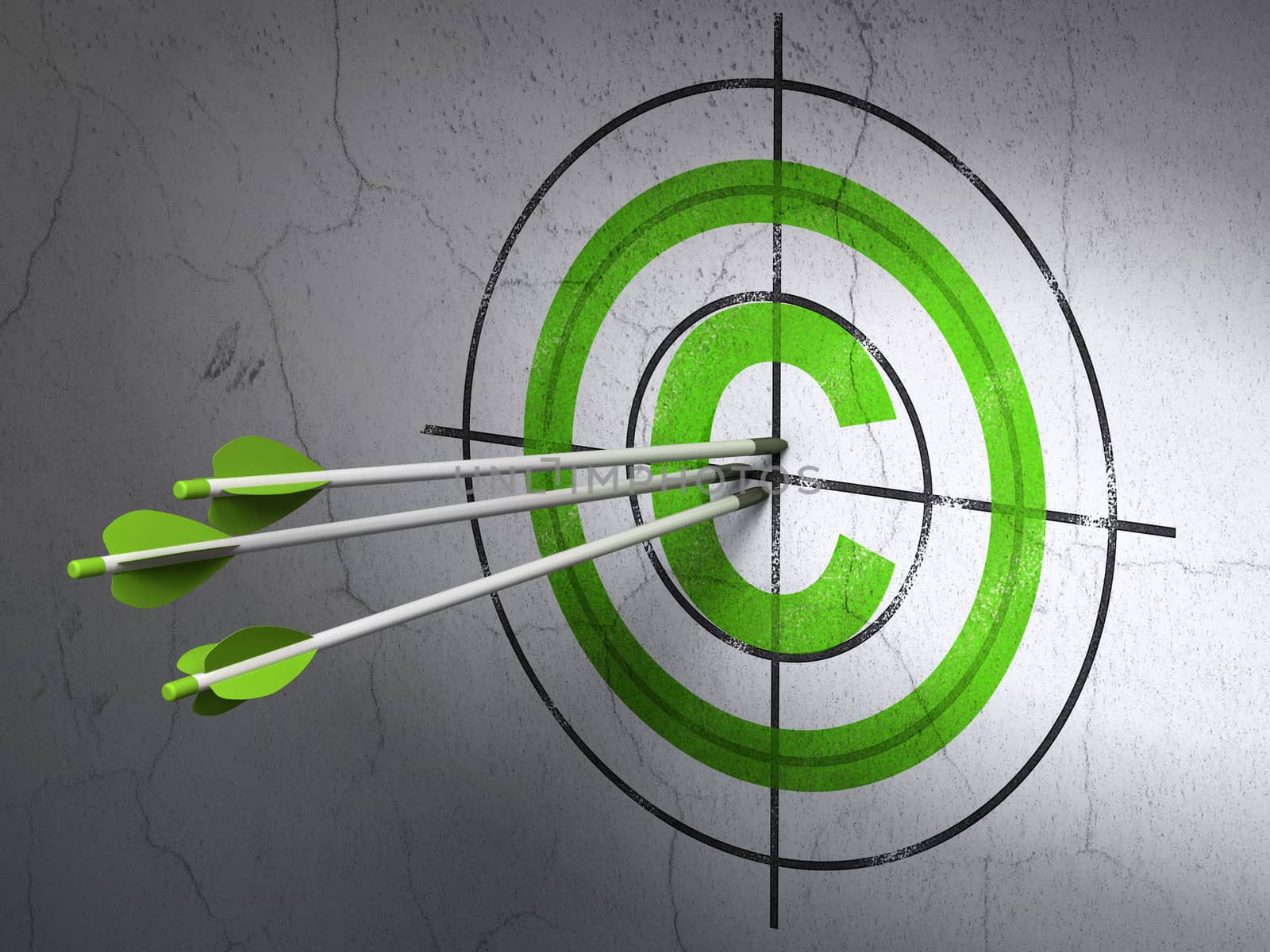Success law concept: arrows hitting the center of Green Copyright target on wall background, 3d render