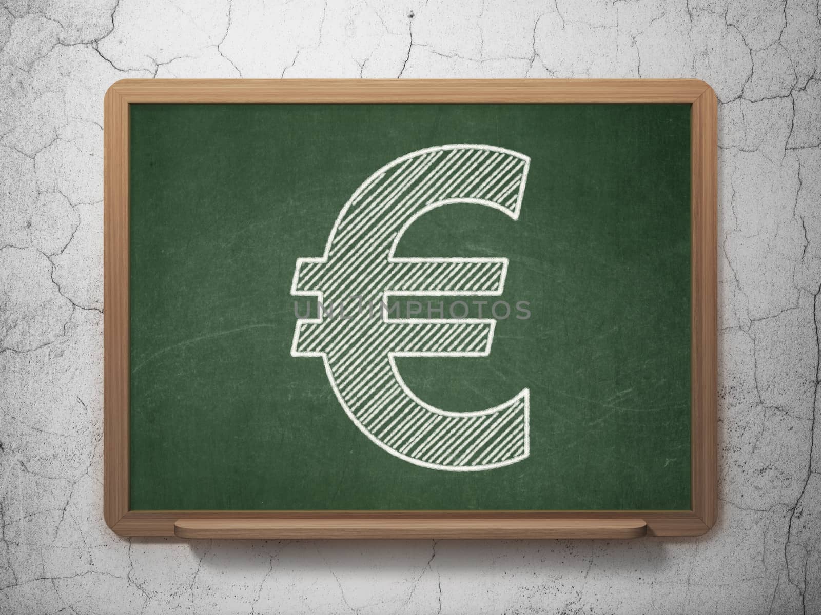 Currency concept: Euro icon on Green chalkboard on grunge wall background, 3d render