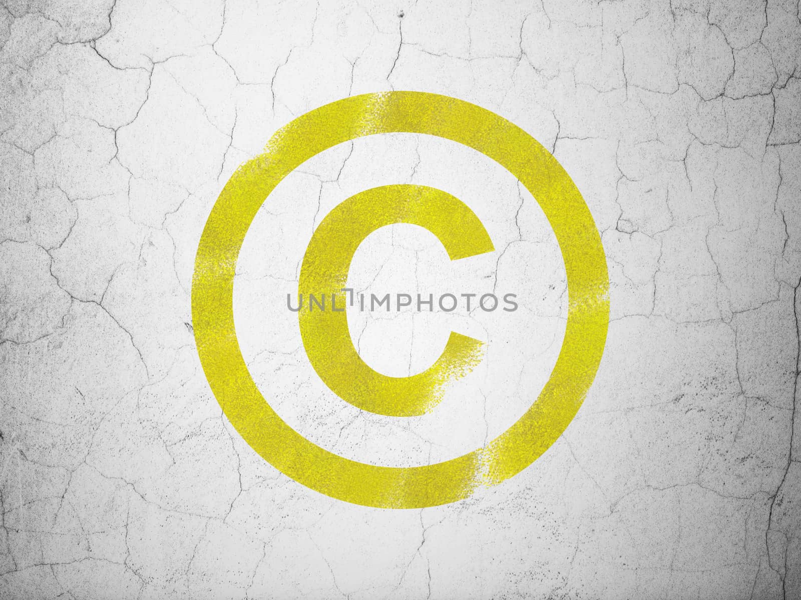 Law concept: Yellow Copyright on textured concrete wall background, 3d render