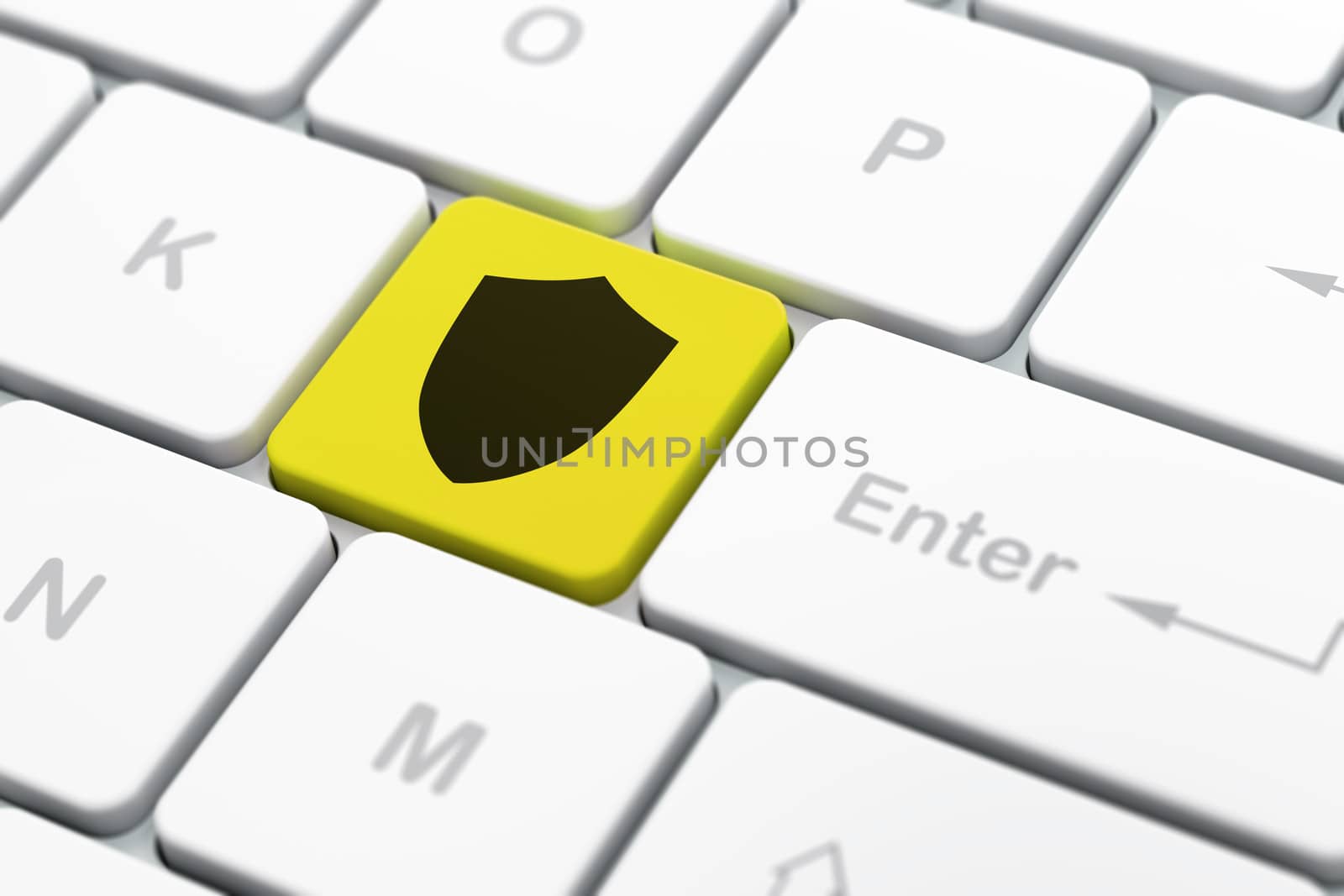 Privacy concept: computer keyboard with Shield icon on enter button background, selected focus, 3d render