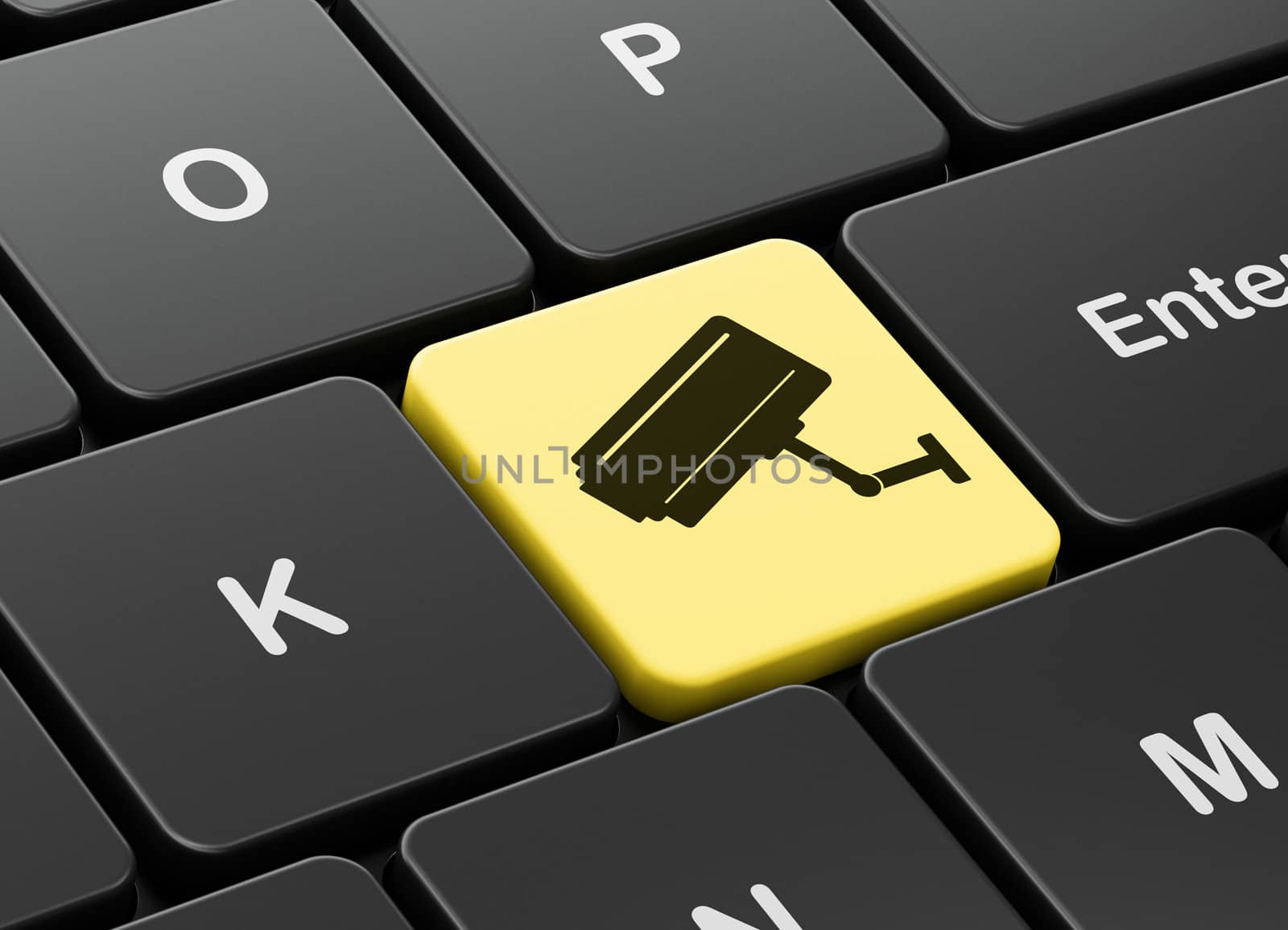 Security concept: computer keyboard with Cctv Camera icon on enter button background, 3d render