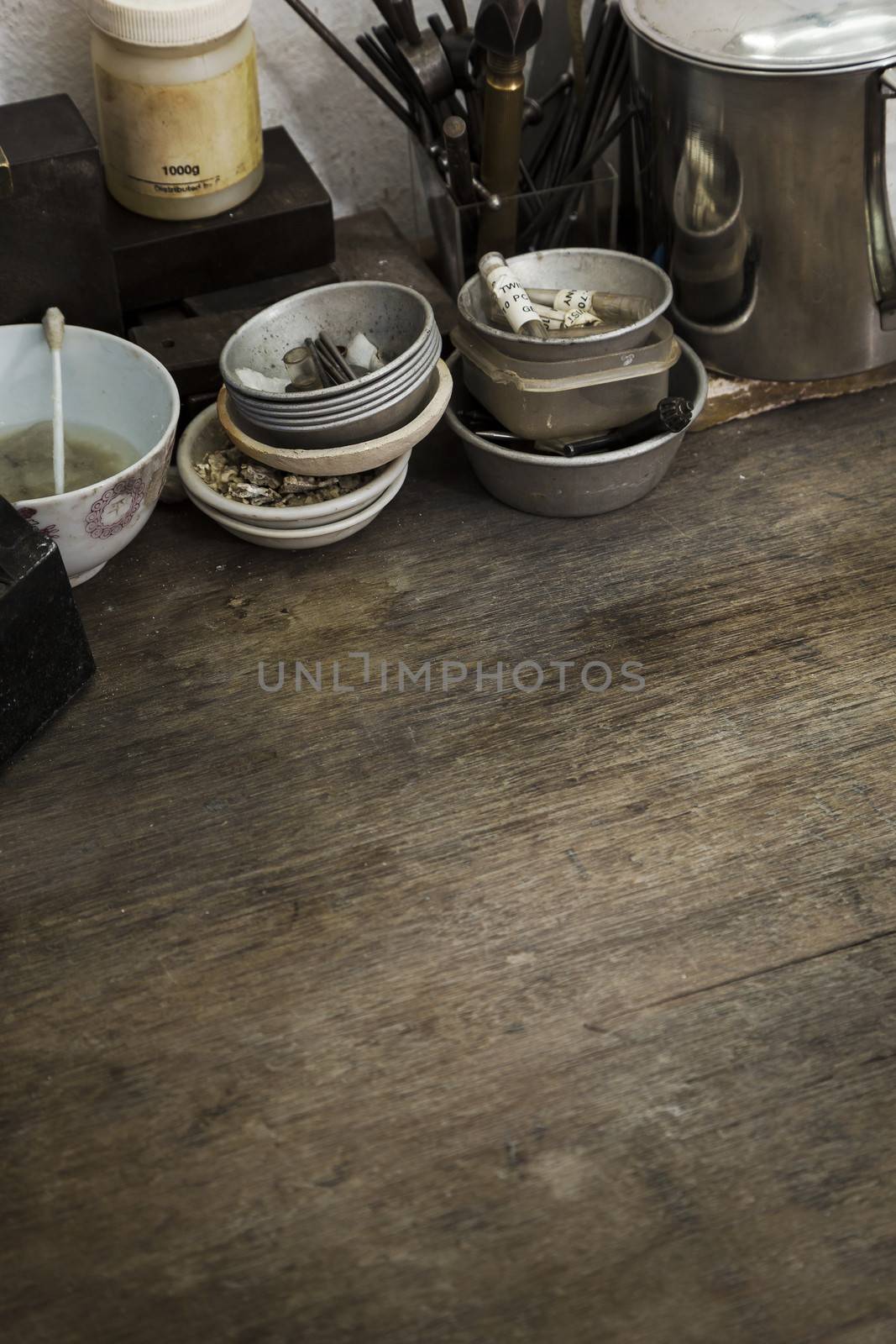 close up of a wooden table in a art and craft workshop.