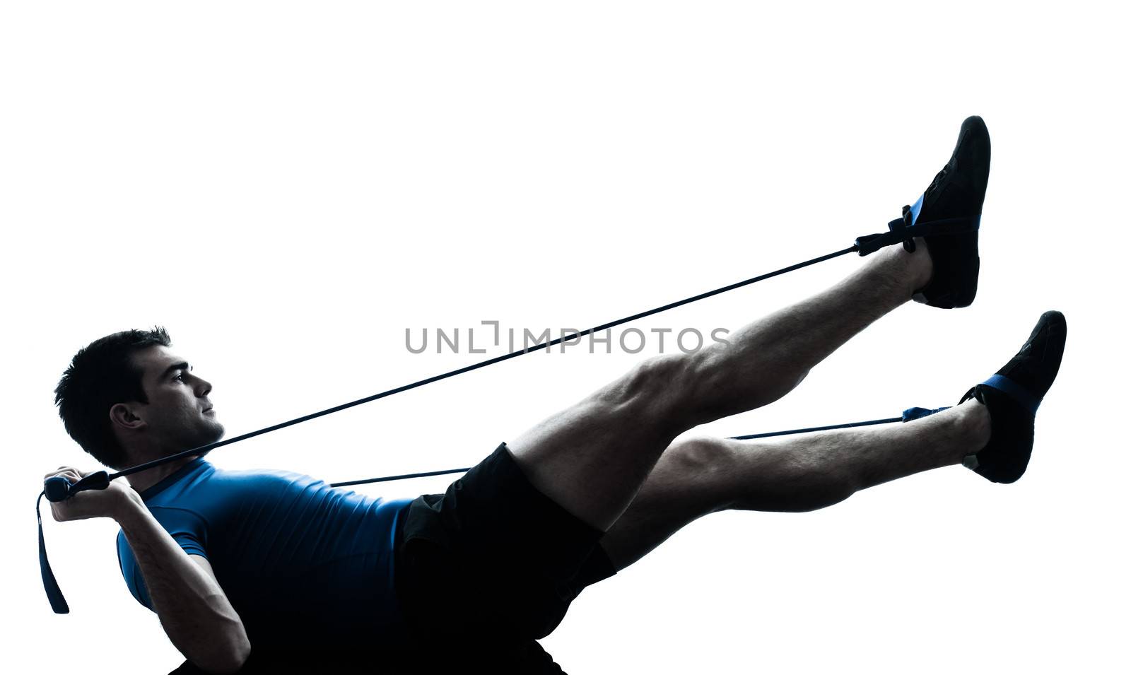 one caucasian man exercising workout fitness in silhouette studio isolated on white background