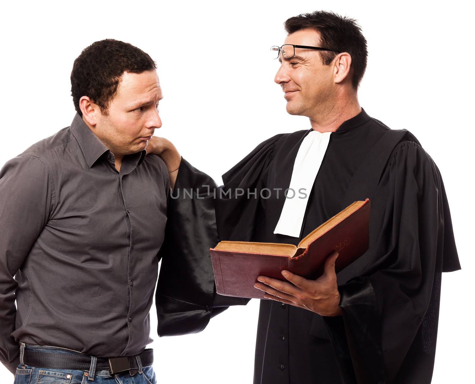 one caucasian lawyer man and his client in studio isolated on white background