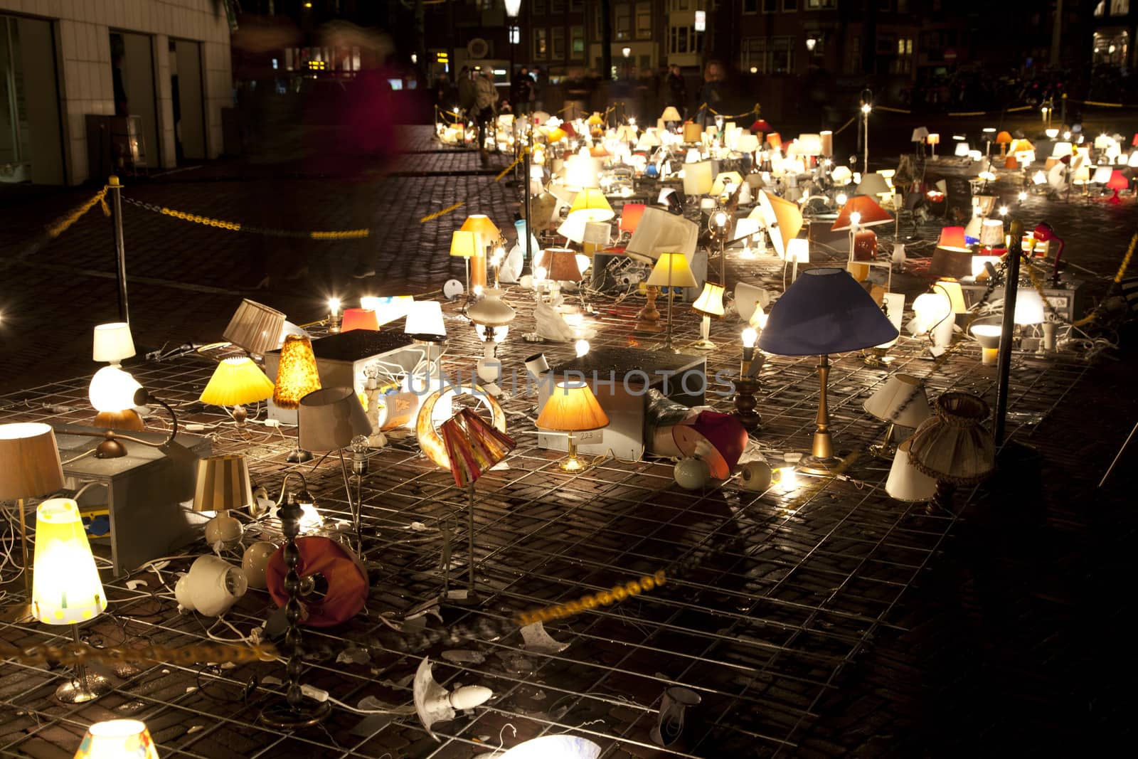 AMSTERDAM, THE NETHERLANDS: Art with desk lamps with lights at annual Amsterdam Light Festival on December 30, 2013. Amsterdam Light Festival is a winter light festival  