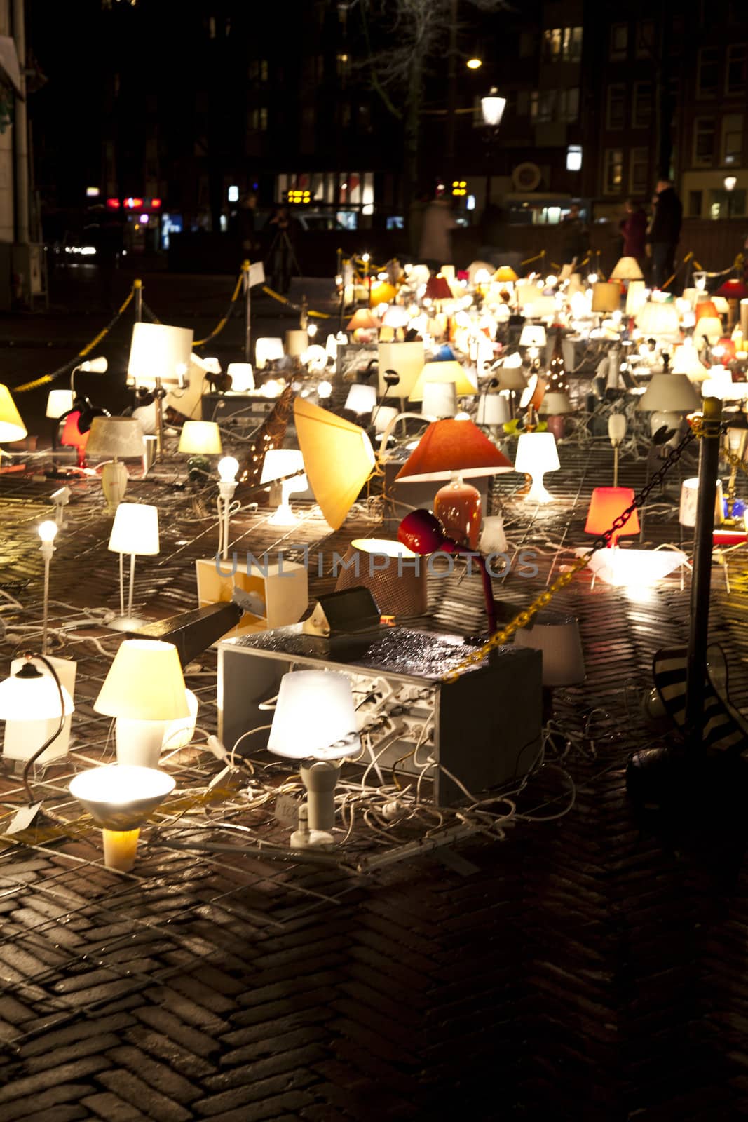 AMSTERDAM, THE NETHERLANDS: Art with desk lamps with lights at annual Amsterdam Light Festival on December 30, 2013. Amsterdam Light Festival is a winter light festival  