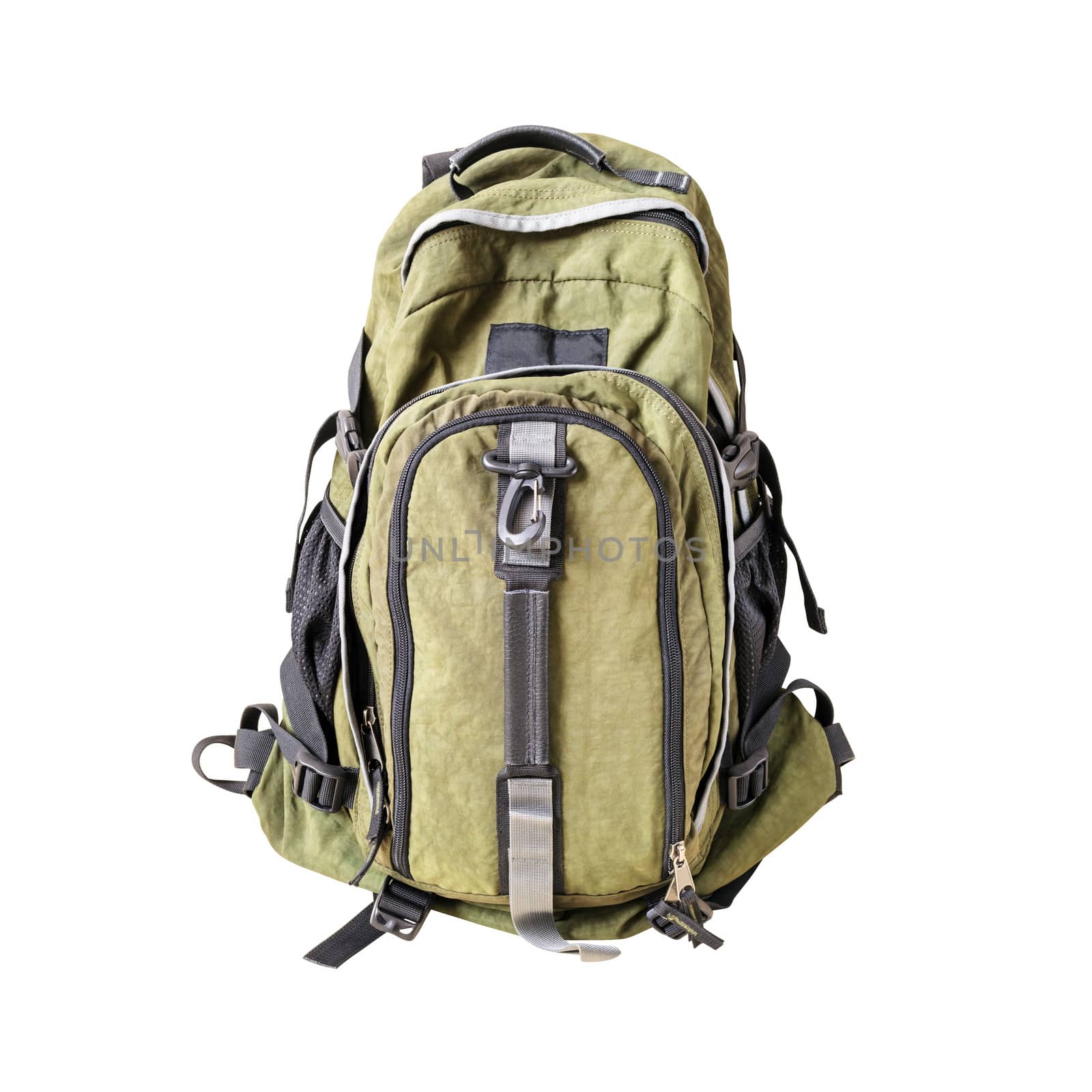 A high-resolution image of an isolated hacki-colored rucksack on white background. High-quality clipping path included.