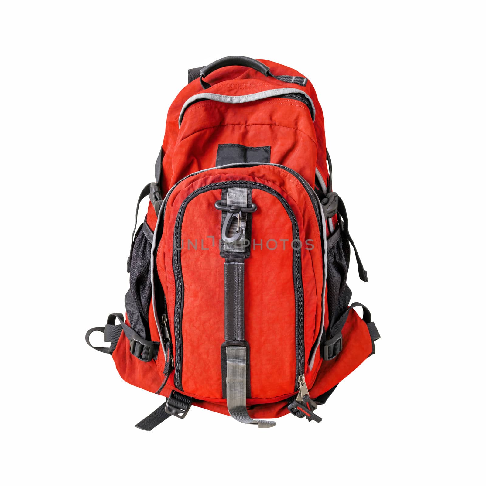 A high-resolution image of an isolated red-colored rucksack on white background. High-quality clipping path included.