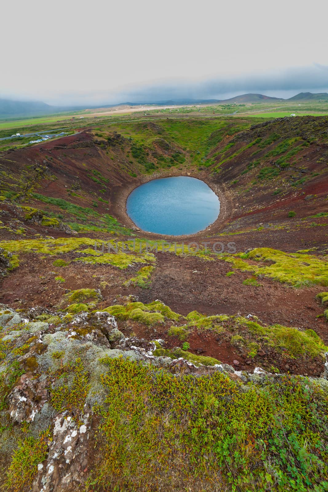 Crater of a old active volcano Kerith filled with water. Iceland, Europe. Vertical view