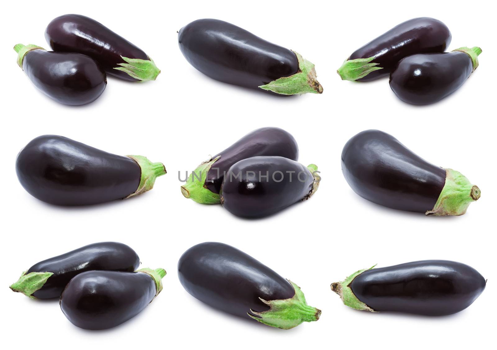 Collection of  aubergine or eggplants  isolated on white background