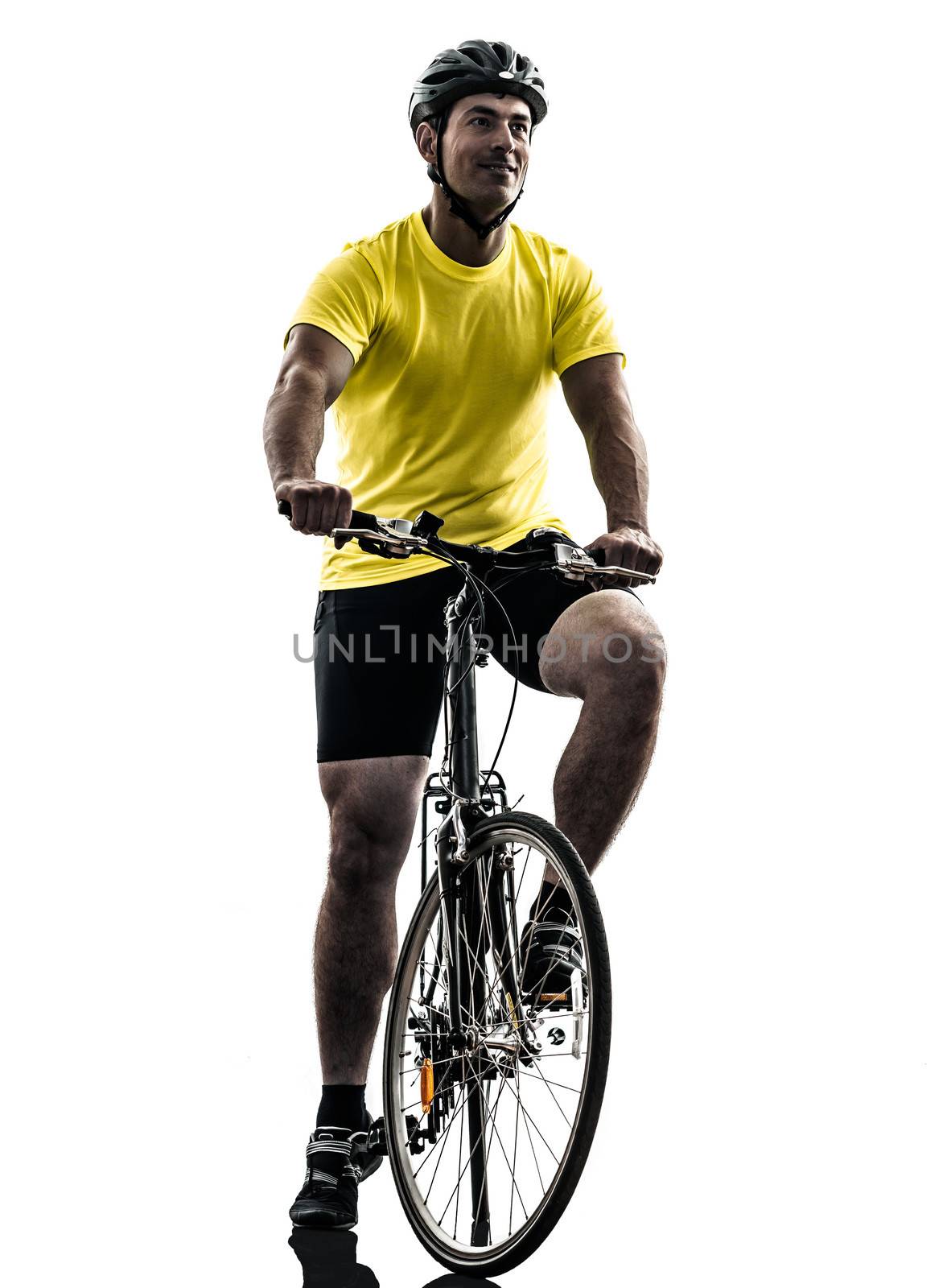 one caucasian man exercising bicycle mountain bike  on white background