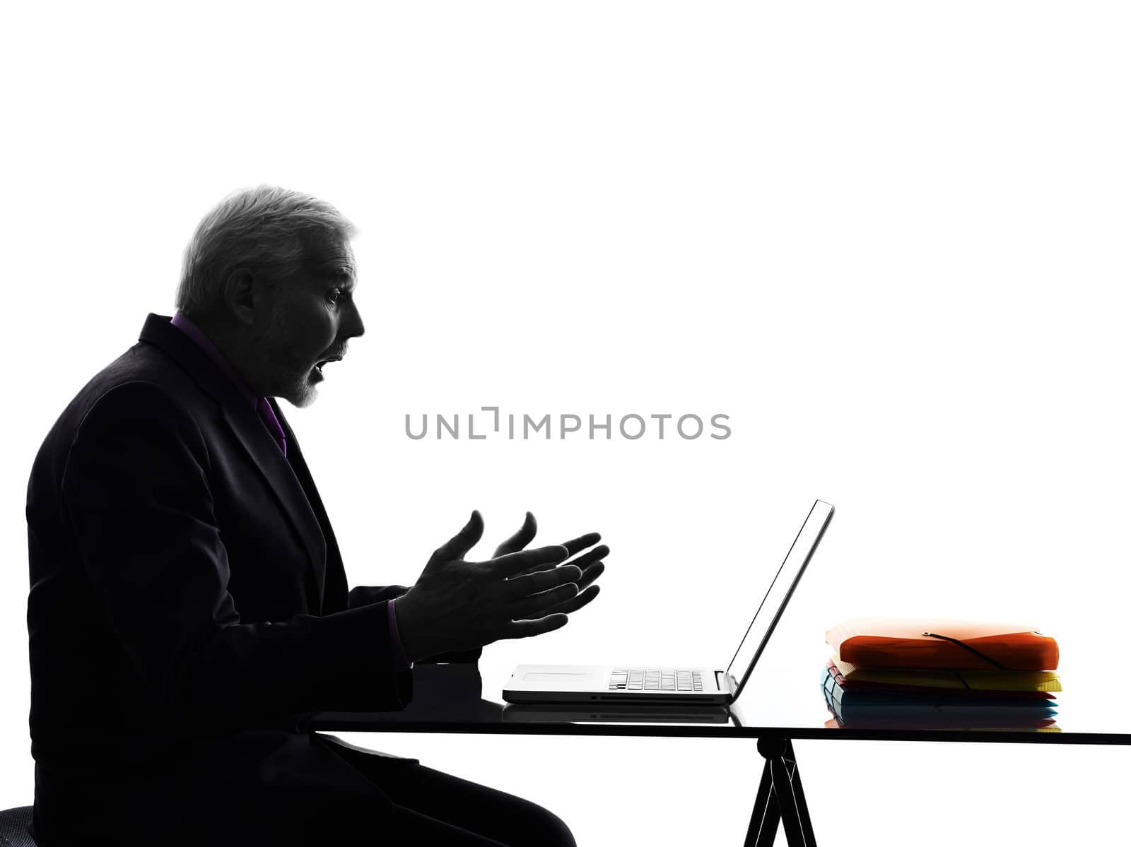 One Caucasian Senior Business Man computing laptop surprised  Silhouette White Background